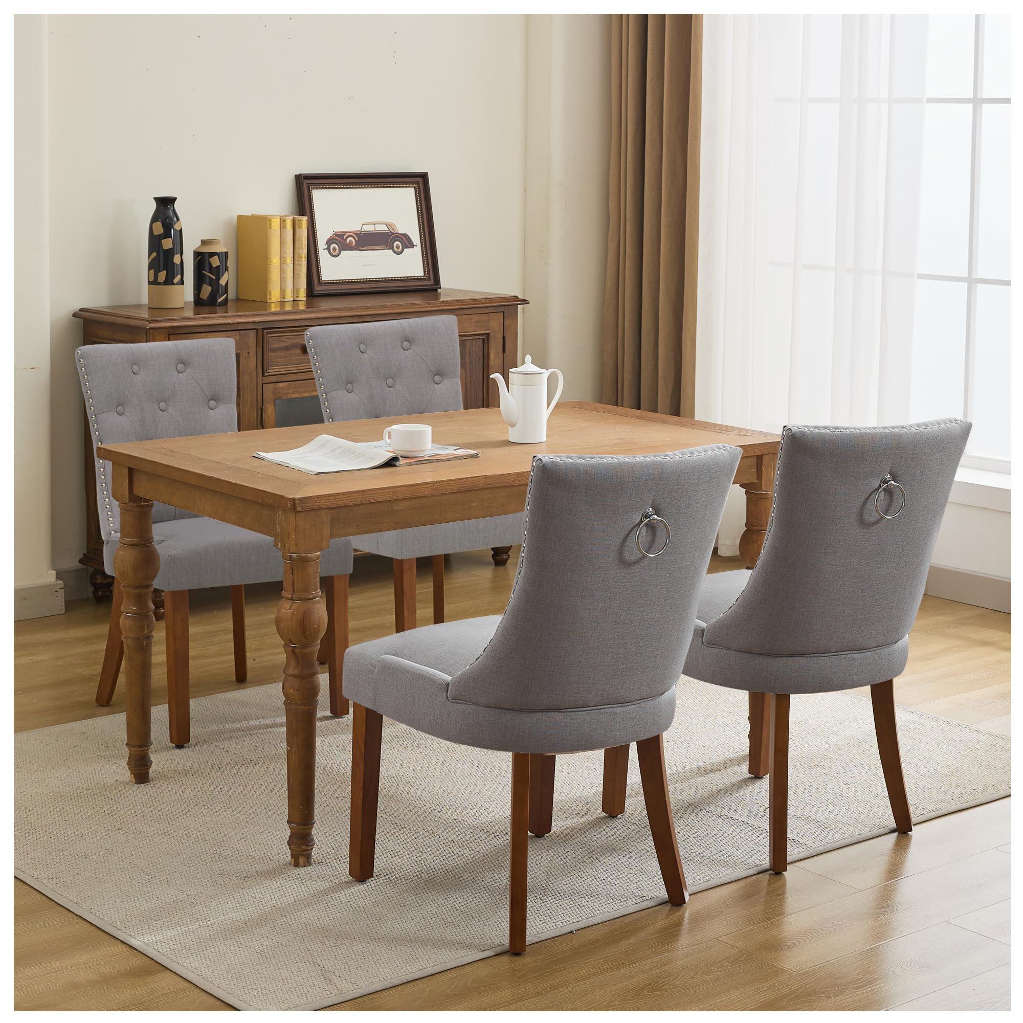 UDAX Modern Leisure Linen Dining Chairs Set of 4, Upholstered Dining Chair with Solid Wood Legs, Mid-Century Dining Room Chairs with Pull Ring and