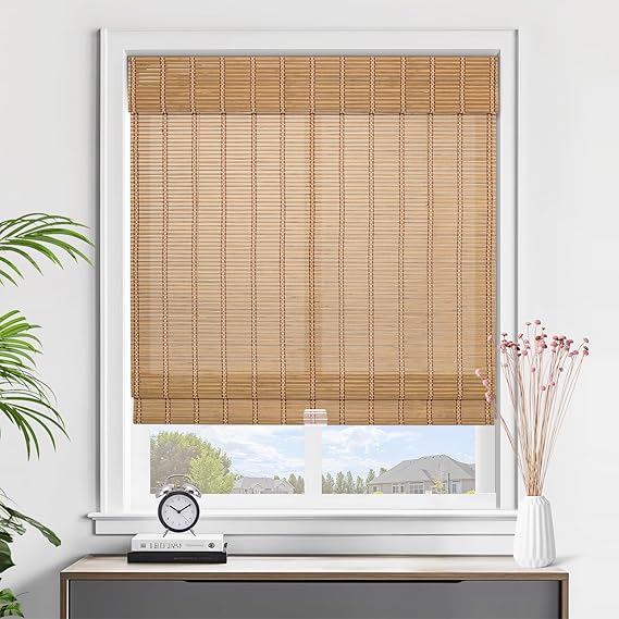 No Drill Custom Cordless Bamboo Blinds, Bamboo Roman Blinds Shades for Indoor Windows, Light Filtering, Easy to Install for Home & Patio