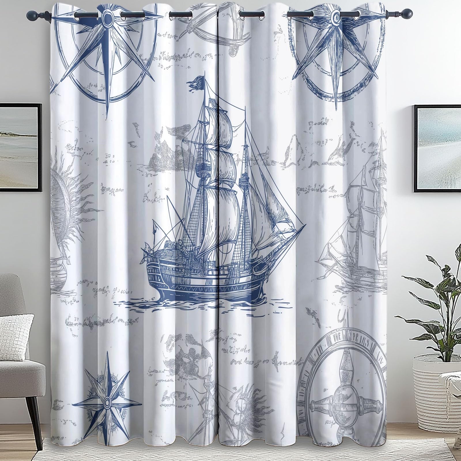 Blackout Curtains Bedroom Simple Style Pirate Ship and Compass Pattern, Geo-Thermal Insulated Energy Efficiency Window Treatment Sets Grommet Drapes for Kids Room 52