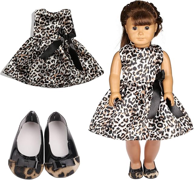 Veroda Leopard Dots Printed Dress with Black Bow-knot Shoes Clothes Footwear Set for 18 inch American Girl Dolls Our Generation