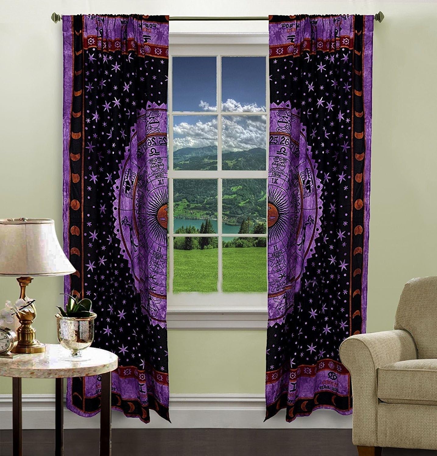 Purple Color Zodiac Astrology Tapestry Curtain Home Decor Room Darkening Window Treatments & Valance Balcony Sheer Room Divider Bedroom Decor Handmade Wall Hanging Window Curtains Boho Panels