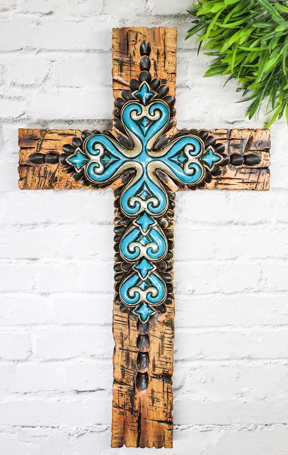 Ebros Gift Rustic Carved Faux Wooden Turquoise Fleur De Lis Scrollwork Layered Wall Cross Decor Plaque Christian Inspirational Accent Figurine