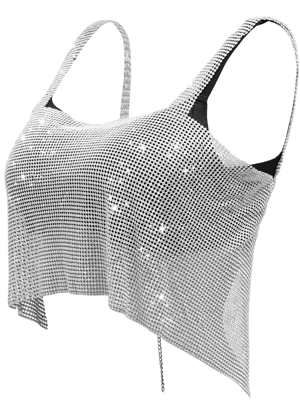 Canottiera sexy da discoteca con paillettes metallizzate glitterate e strass Halter Vest Backless Crop Deep V Canotte Top a catena