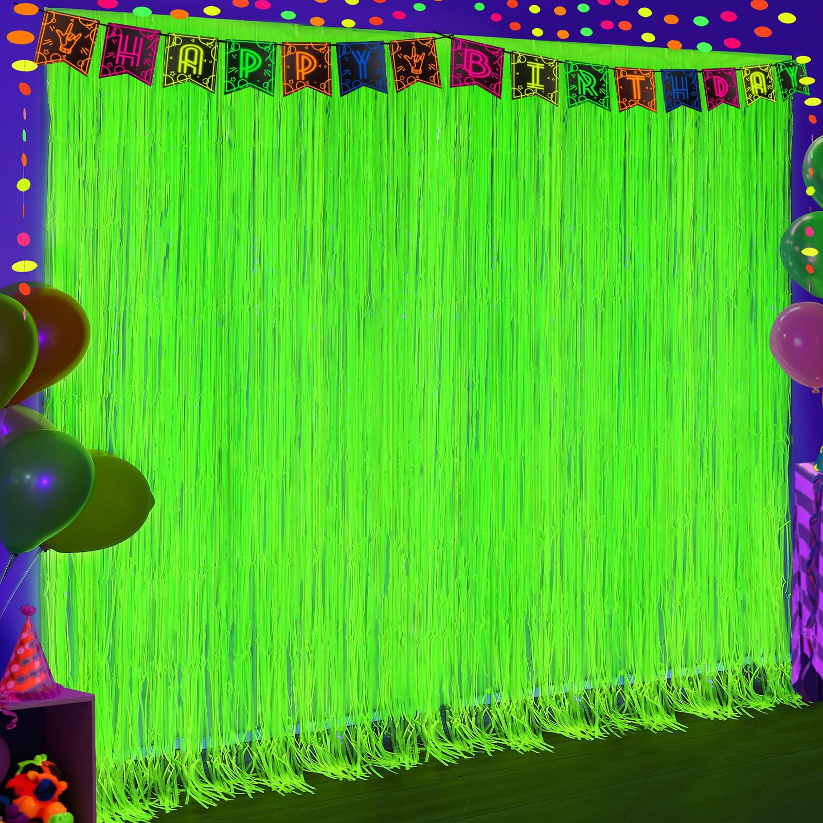 2Pack Glow in The Dark Party Backdrop Neon Green Tinsel Foil Fringe Curtain