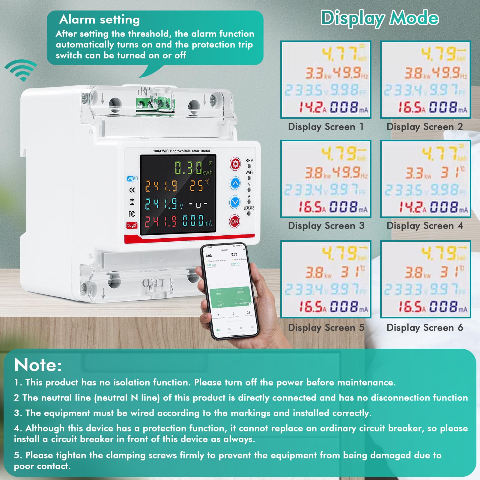 Wifi Misuratore di consumo elettrico 100A 220V AC Contatore Elettrico Wifi Meter Bidirezionale Tuya APP Smart Contatore Luce Sub/sovracorrente/ritardo/tempo/protezione contro le perdite.