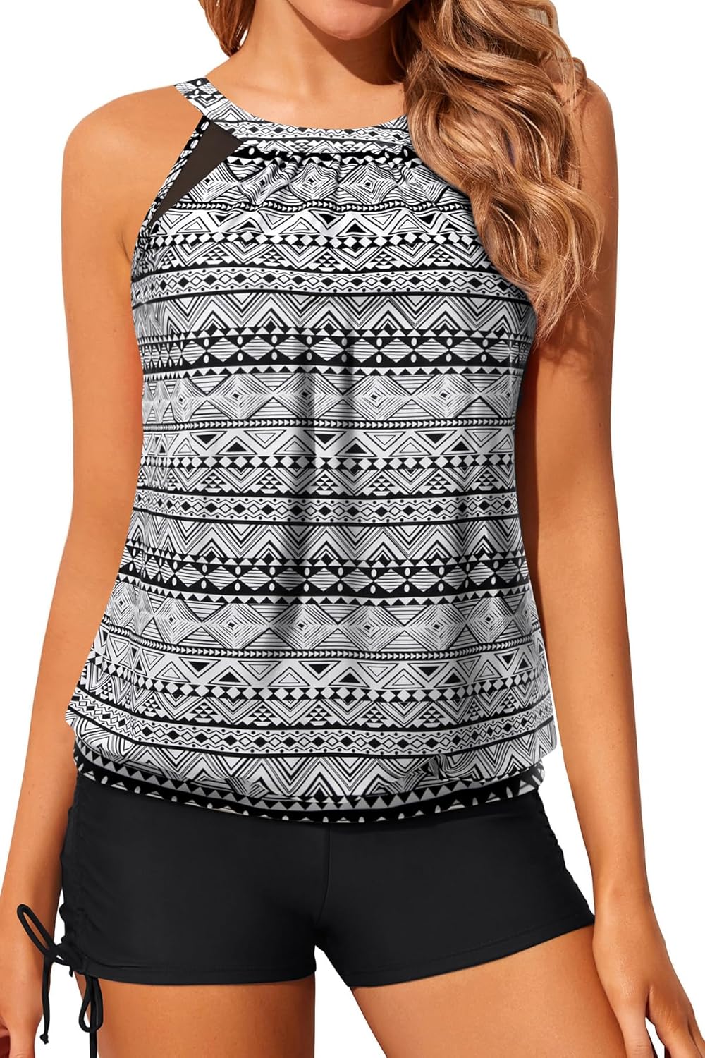 Yonique Tankini Swimsuits with Shorts - Tummy Control Two Piece Blouson Bathing Suits High Neck Swimwear