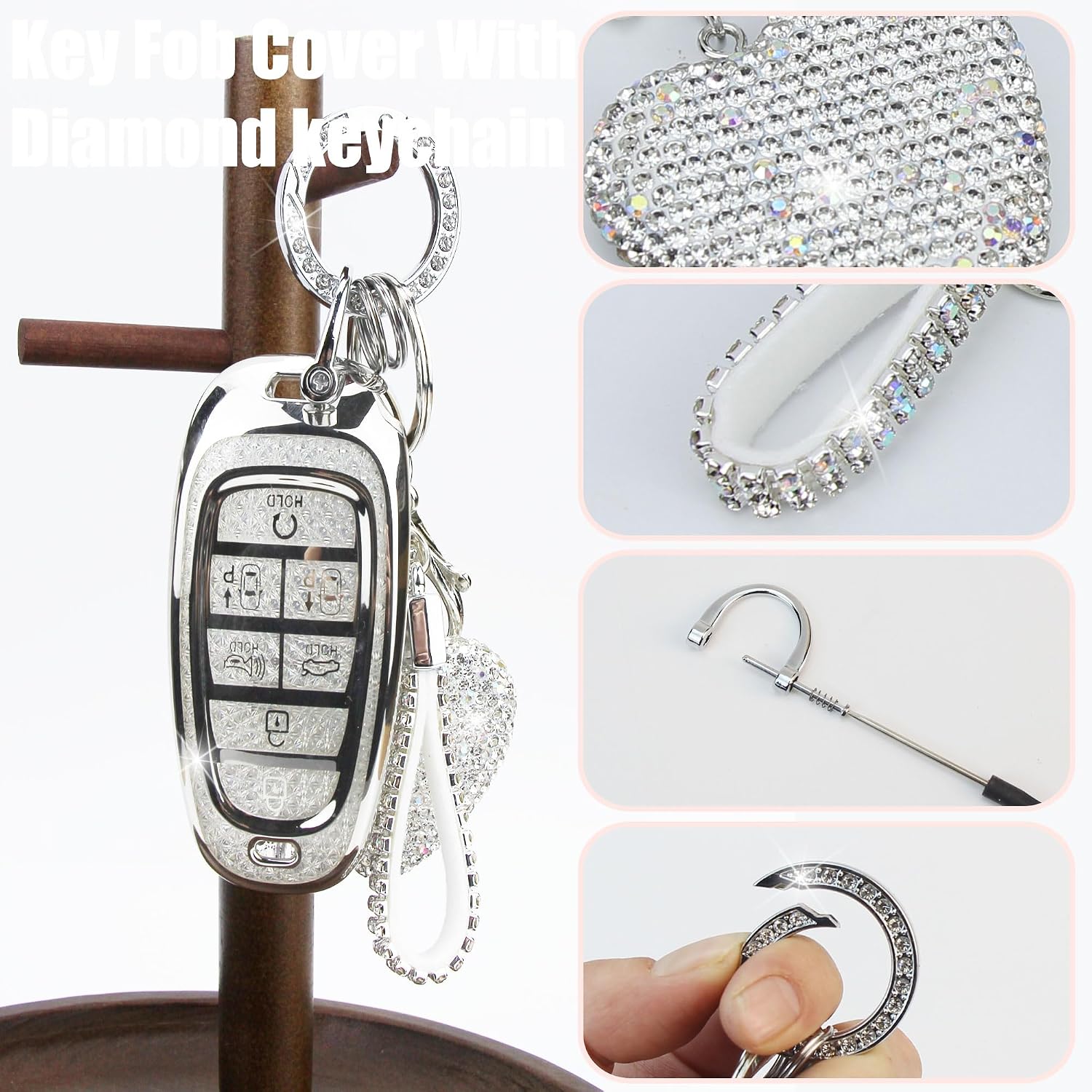 Key Fob Cover with Diamond Keychain Compatible with Hyundai Car Key Holder Case Compatible with Hyundai 2024 2023 2022 Sonata Santa Fe Nexo Tucson Palisade Protector, 7 Buttons (Silver-Heart) image 3