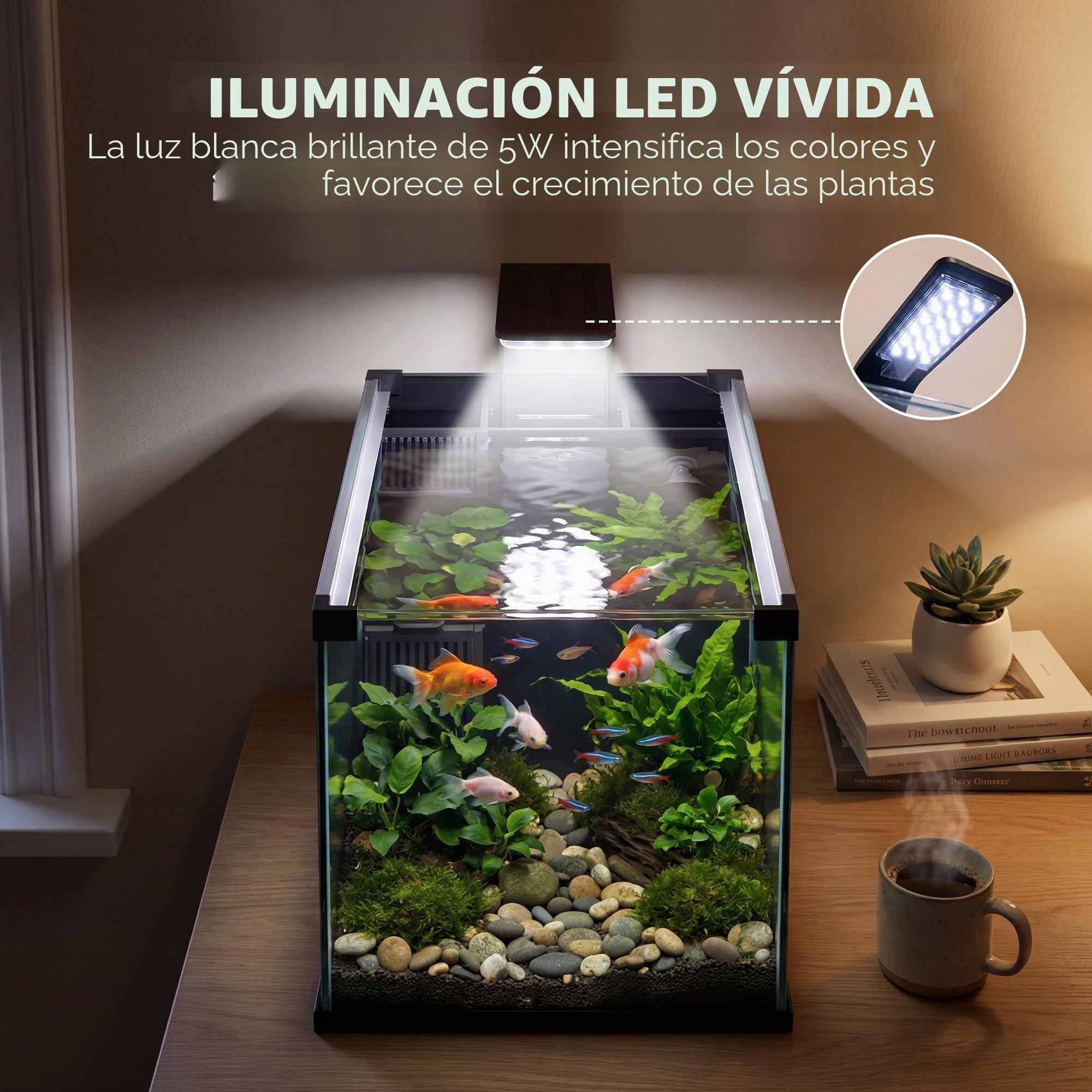 PawHut Acuario de cristal templado de 24 l, acuario completo pequeño transparente con filtro integrado, luz LED y bomba de agua para peces tropicales, peces rojos, casa, oficina, 45 x 25 x 25,5 cm