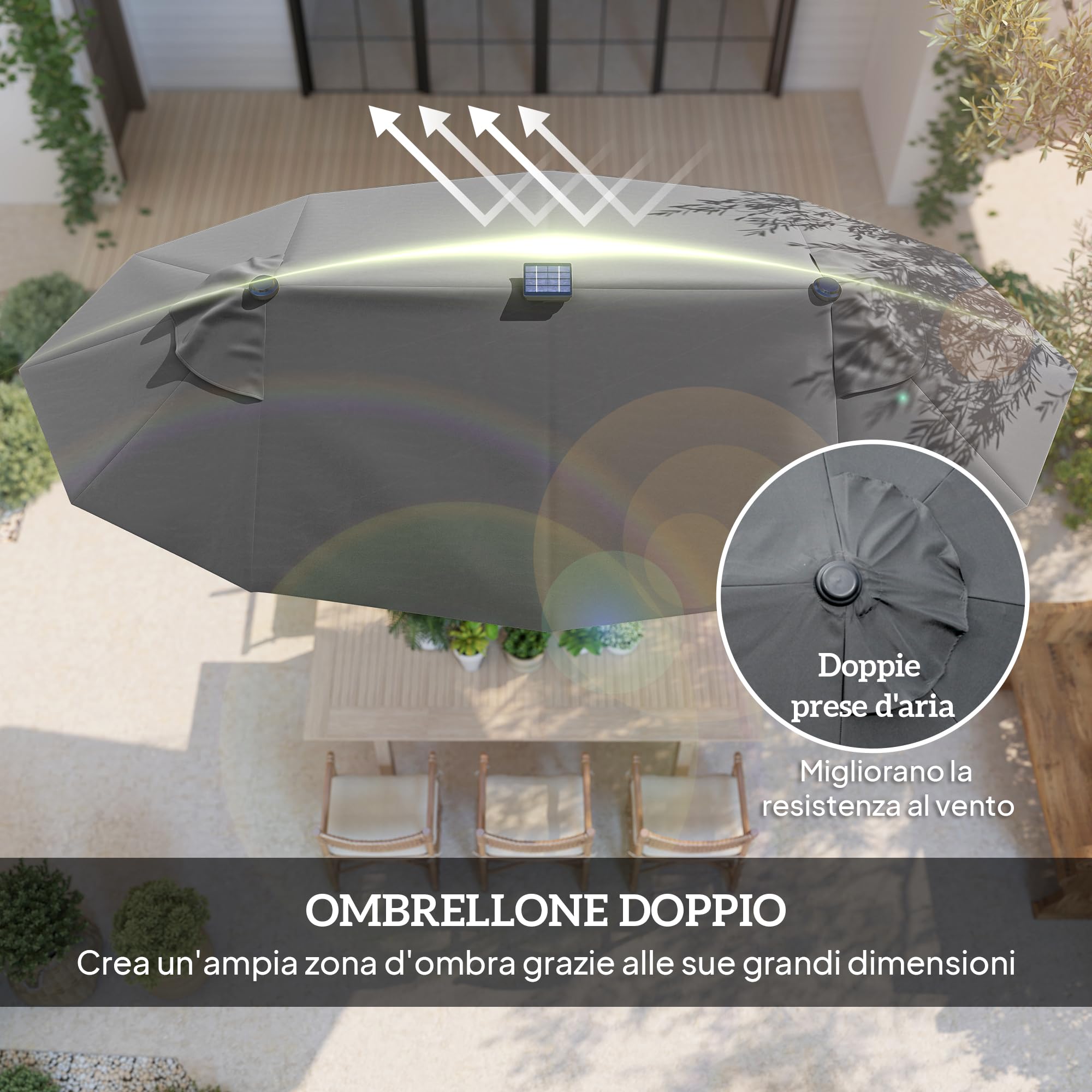 Outsunny Ombrellone da Giardino Doppio Inclinabile 295x150cm LED Grigio | con Manovella, Base a Croce, Prese d'Aria, 12 Stecche in Acciaio e Poliestere, per Giardino Terrazza Balcone