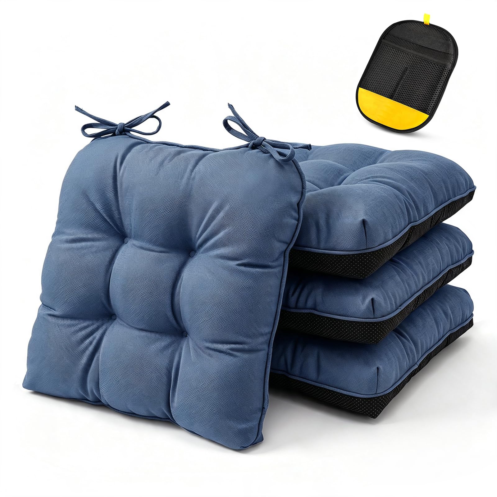 LiveGo Chair Cushions for Dining Chairs Set of 4, 6cm Thick Memory Foam Seat Pads with Ties, Non-Slip Bottom, Kitchen Table Cushions for Indoor Outdoor Use, 45x45x6cm (Blue A)