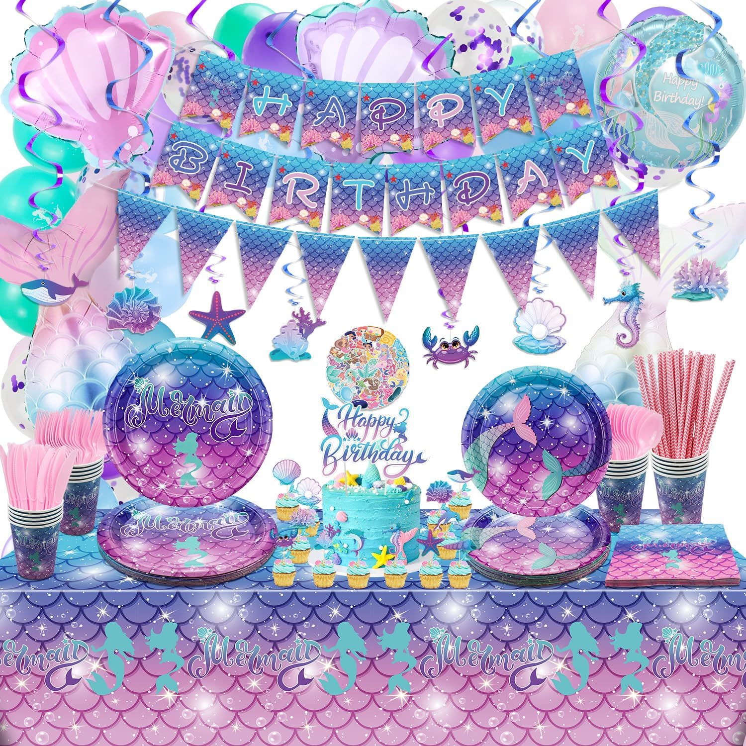 ZERODECO Decorazioni di compleanno a forma di sirena – Ghirlanda iridescente, Happy Birthday Banner e rete da pesca per tema pirati, festa nautica