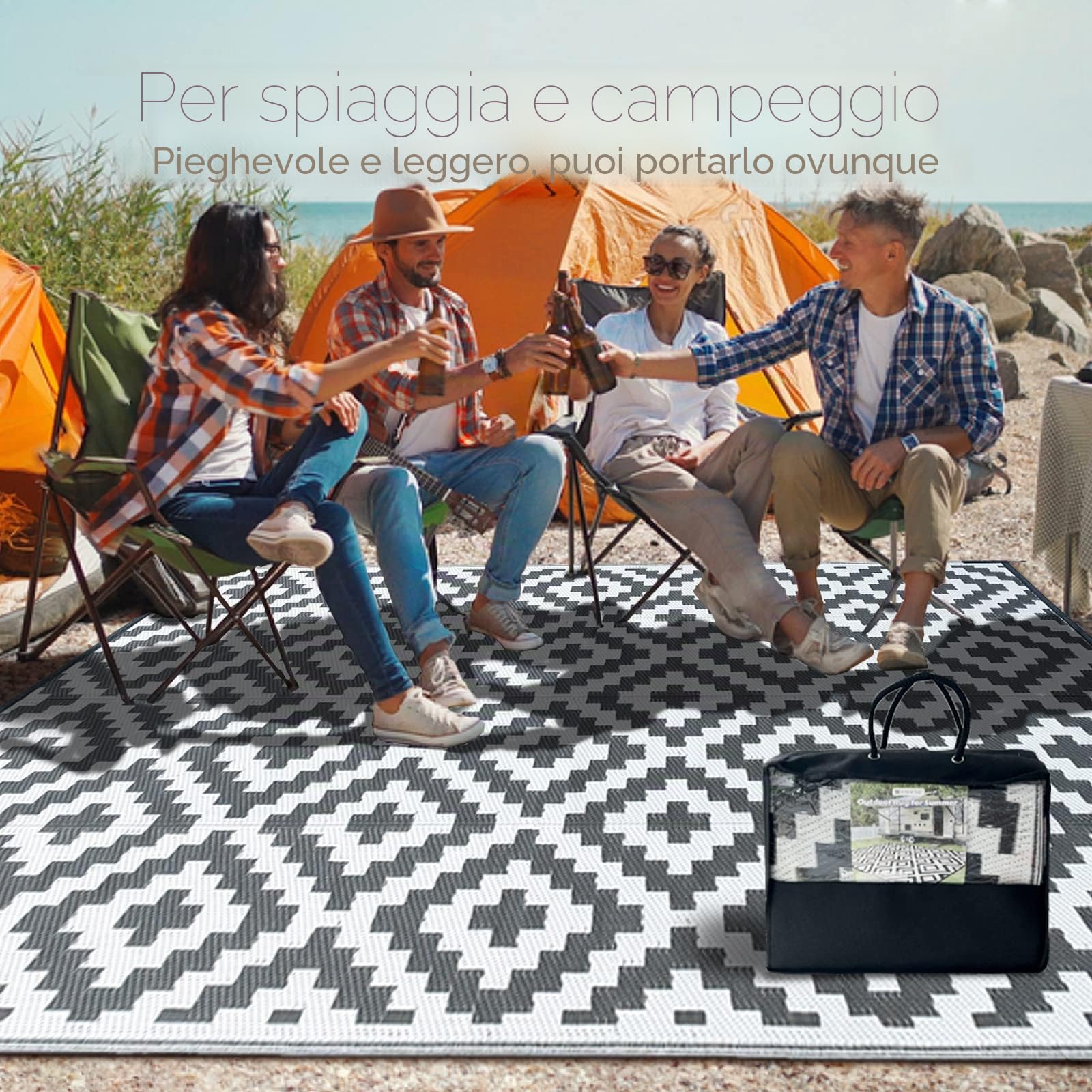 CHOSHOME Tappeto da Giardino Impermeabile 120x180CM Portatile Resistente ai Raggi UV in Plastica Riciclata per Interno ed Esterno - Balcone, Picnic, Spiaggia - Grigio
