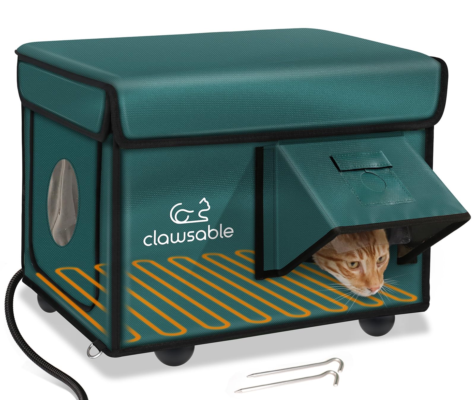 Indestructible Heated Cat House for Outside Cats Winter, 100% Weatherproof, Safe Escape Door, Insulated Outdoor Cat Shelter with Heater for Feral Barn Cat Kitty (Forest Green, 12.6"x16.5"x12.6")
