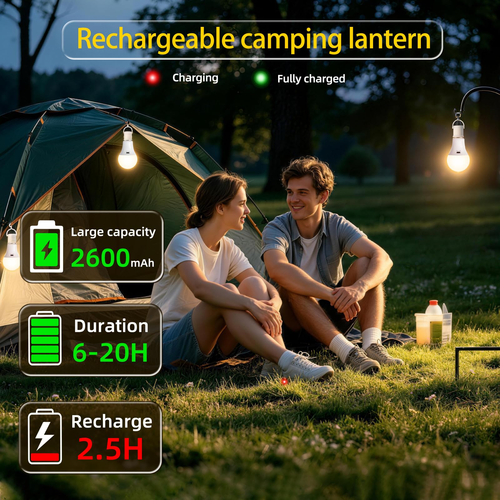 2600mAh Bombilla Recargable con Mando, 7W 3 Color Regulable & Timer, USB E27 Exteriores Luz de Emergencia Acampar Portátil con Gancho, LED Linterna de Camping para Tienda, 1 Piezas — view 5