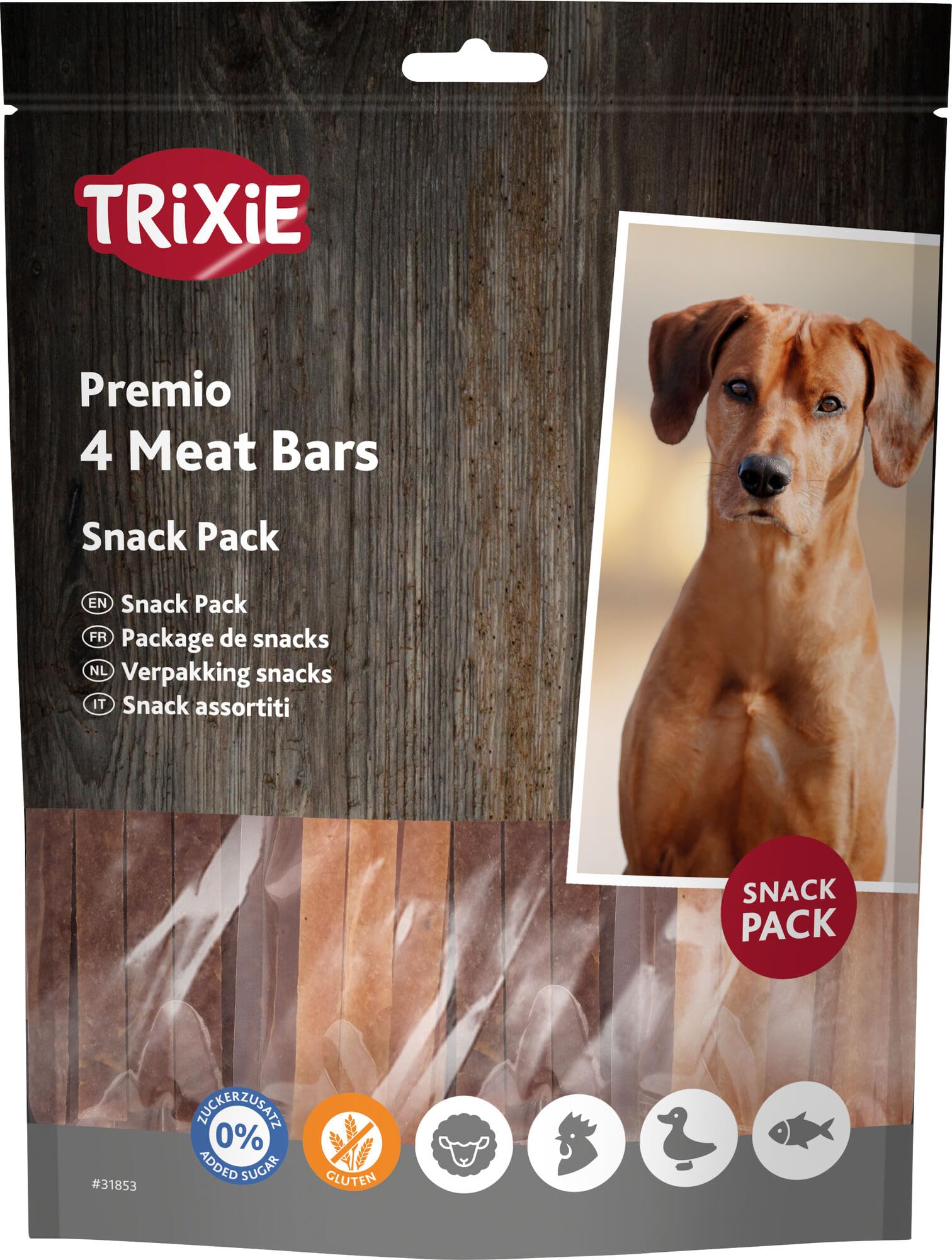 Trixie Hundeleckerli Premio 4 Meat Bars, Huhn/Ente/Lamm/Lachs Hundesnack - herzhaftes Leckerli mit Fleisch, ohne Zuckerzusatz und Gluten 4 x 100 g - 31853