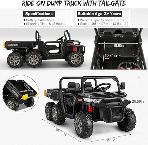 Miniatura 6 de Hikole Camión volquete de 24 V con cama de descarga eléctrica, 4WD 6 x 6 2 plazas con control remoto, pala, reproductor de música, UTV eléctrico