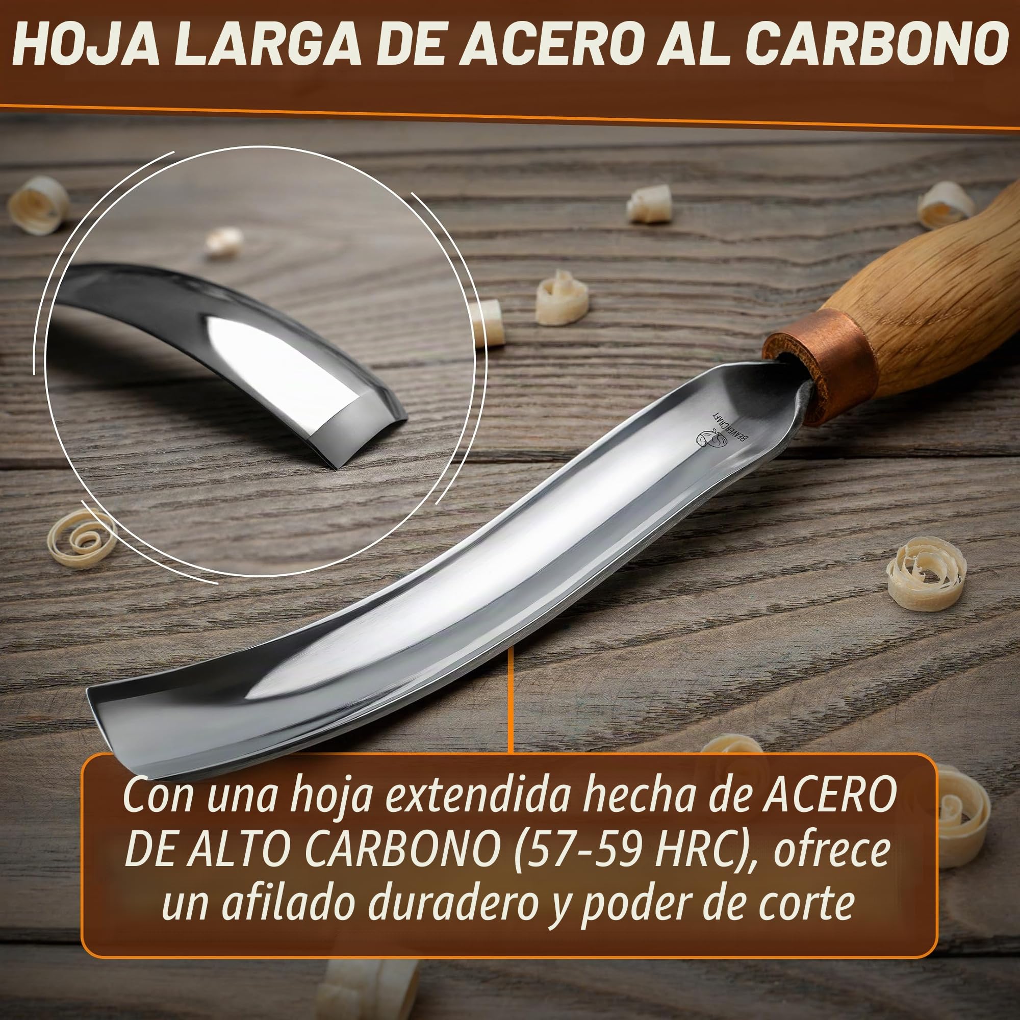 BeaverCraft Gouge Tallado Madera 7L/22 – Herramientas Tallado Cucharas, Cinceles, Gouge para Cuencos, Cincel Curvado, Cuchillo Whittling para Cucharas