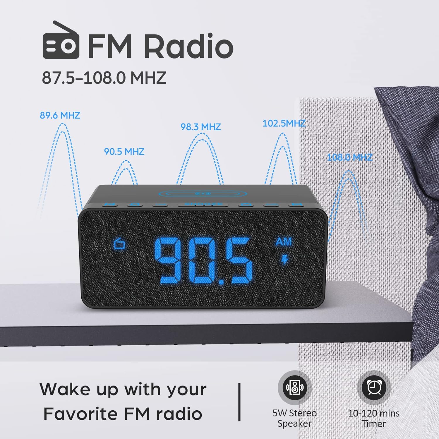 BUFFBEE alarm clock displaying FM radio frequency 90.5 MHz.