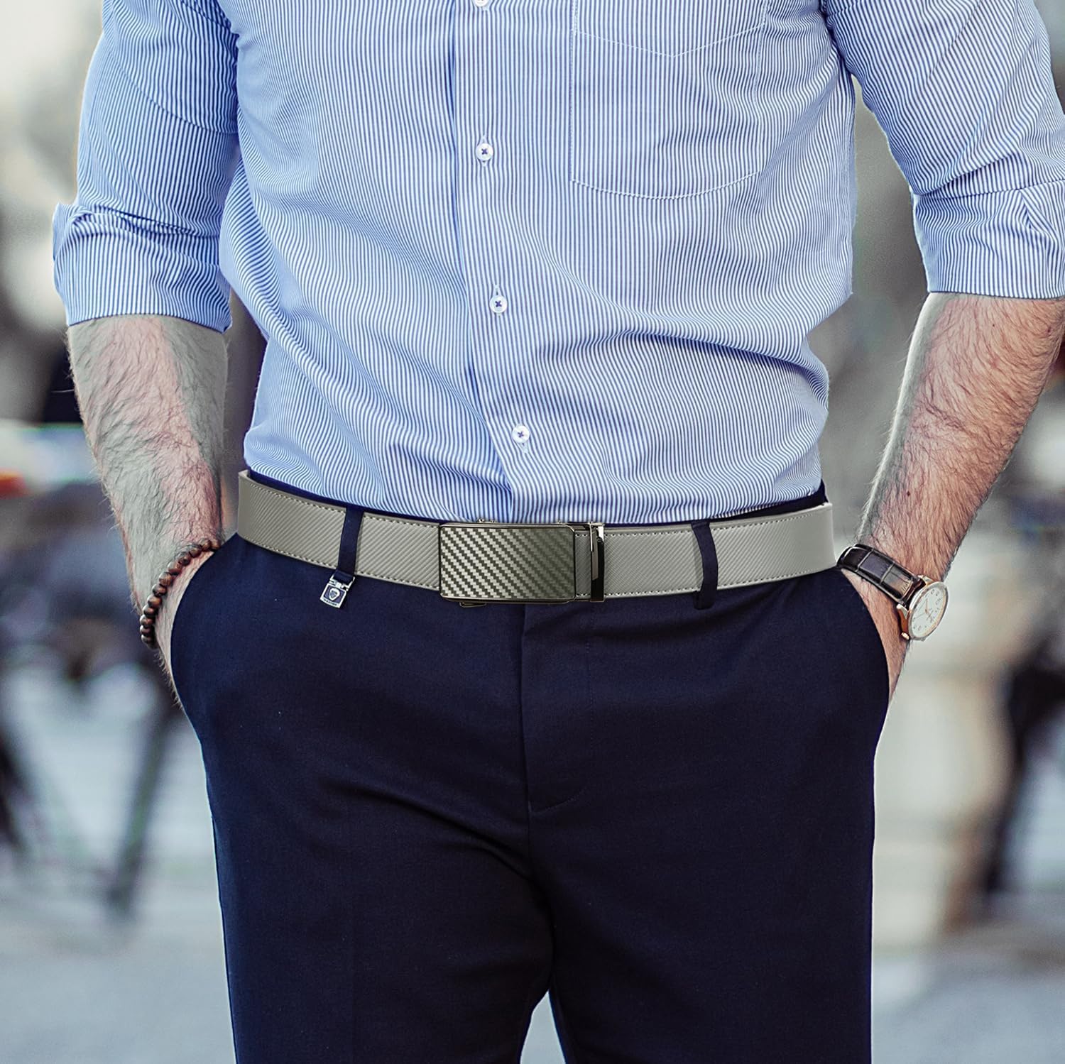 Drowsmen Leather ratchet belt 1 3/8" with Click Sliding Automatic Buckle, Adjustable belt Trim to Fit - Image 5