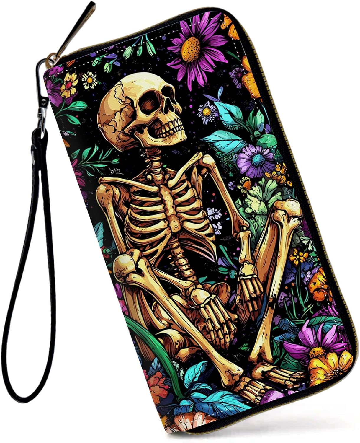 Womens Wallet, Large Capacity RFID Blocking PU Leather Wristlet Wallets for Women Ladies Men Credit Card Holder Zipper Wallet Phone Holder Clutch Travel Purse, Human Bone Flower