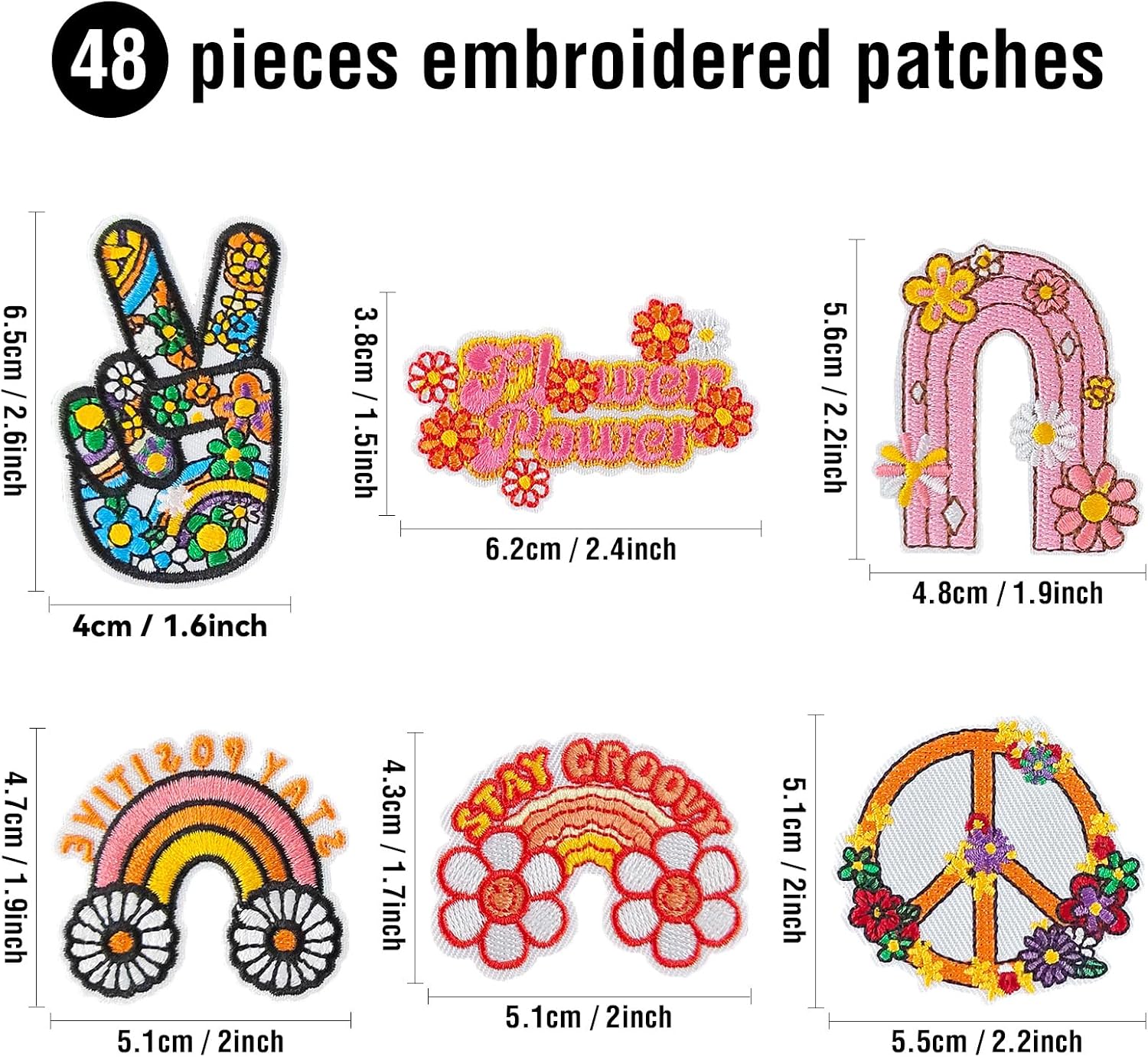 48Pcs Hippie Vintage Iron on Patches Assorted Styles Retro Aesthetics Embroidered Patches, Sew on/Iron on Patches for Clothes Dress Pants Hats Jeans, Applique DIY Accessory image 2
