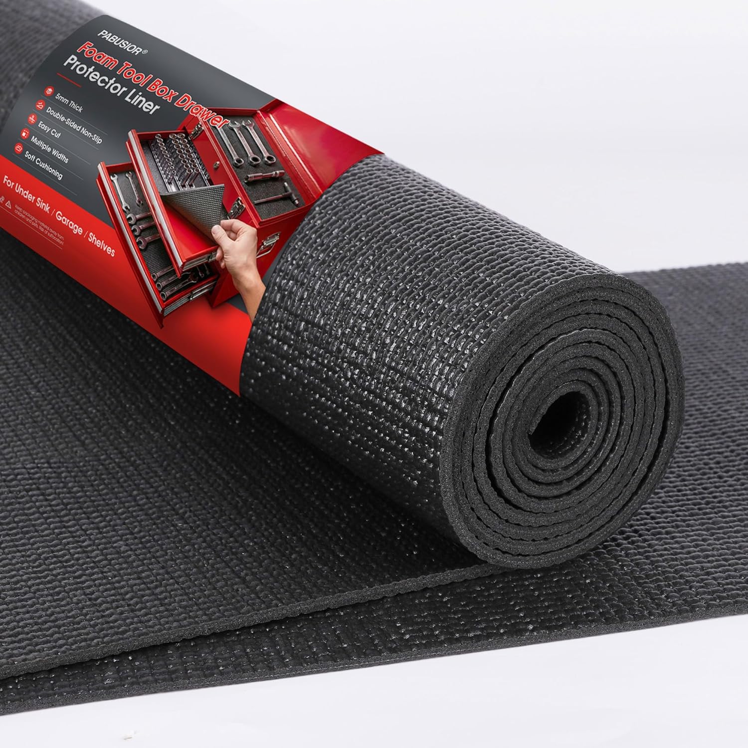 PABUSIOR Tool Box Drawer Liners: 24" Wide 5MM Thick Large Toolbox Shelf Liner for Under Sink - Non Slip Heavy Duty Foam Cabinet Shelves Mat 24" W x 98" L Black