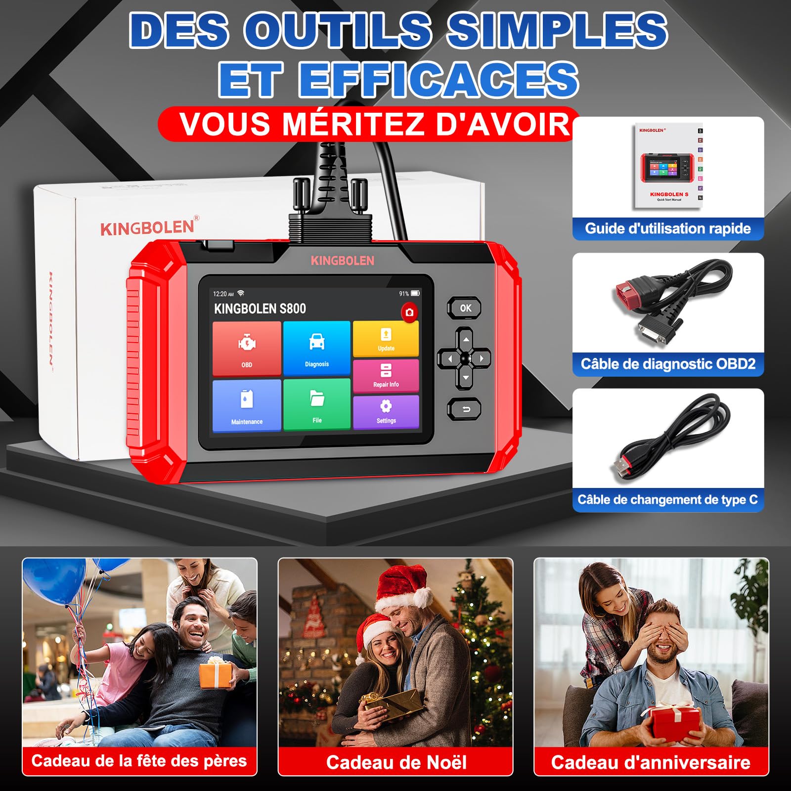 KINGBOLEN S800 Valise Diagnostic Auto pour Moteur/ABS/SRS/Boîte de Vitesses, Outil de Diagnostic OBD2 du 4 Système avec 15 Services, l'huile/INJEC/SAS/DPF/TPMS etc, AutoVIN Mise à Jour Gratuite