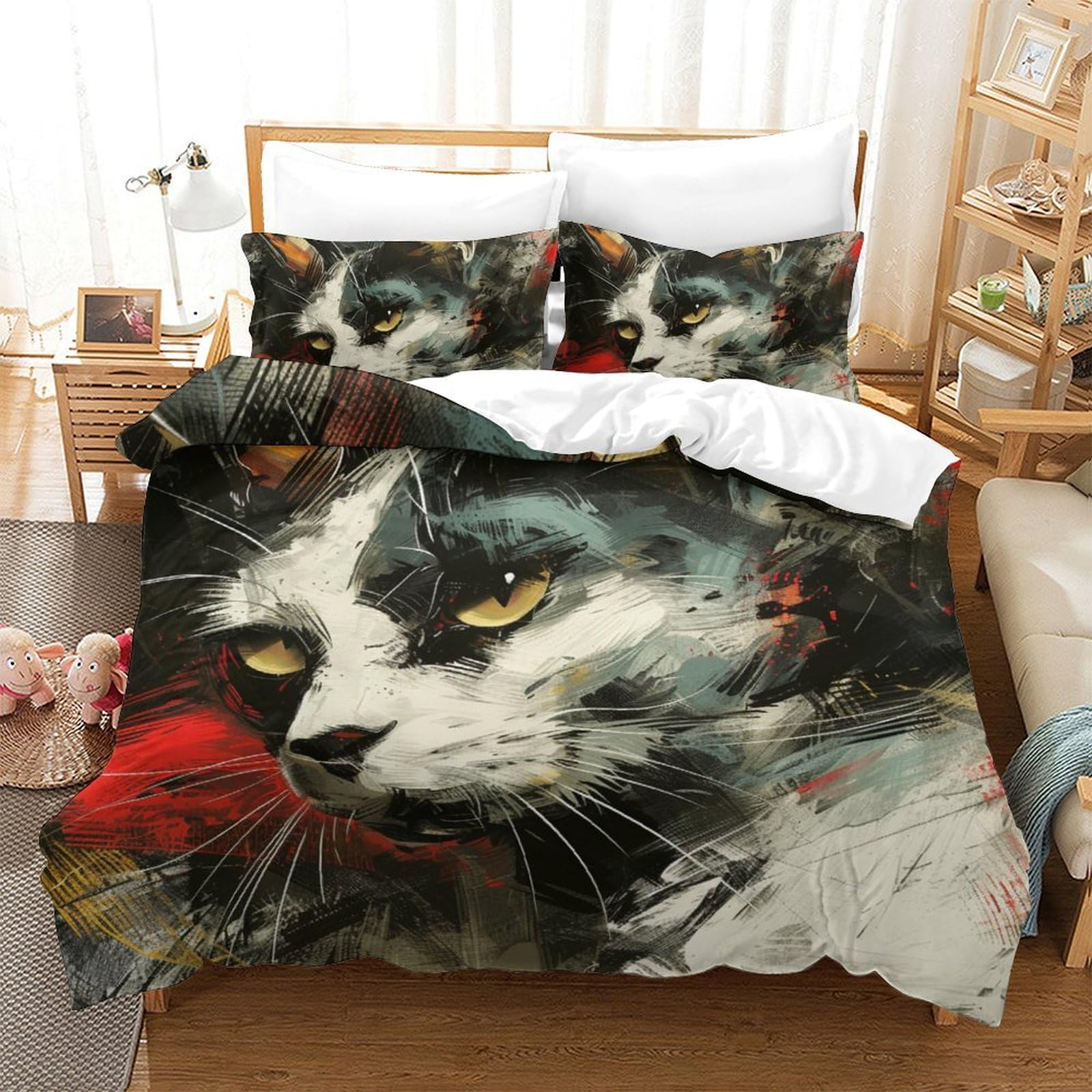 Housse de couette chat 3D literie enfants parure de lit 200x200 cm microfibre fermeture éclair