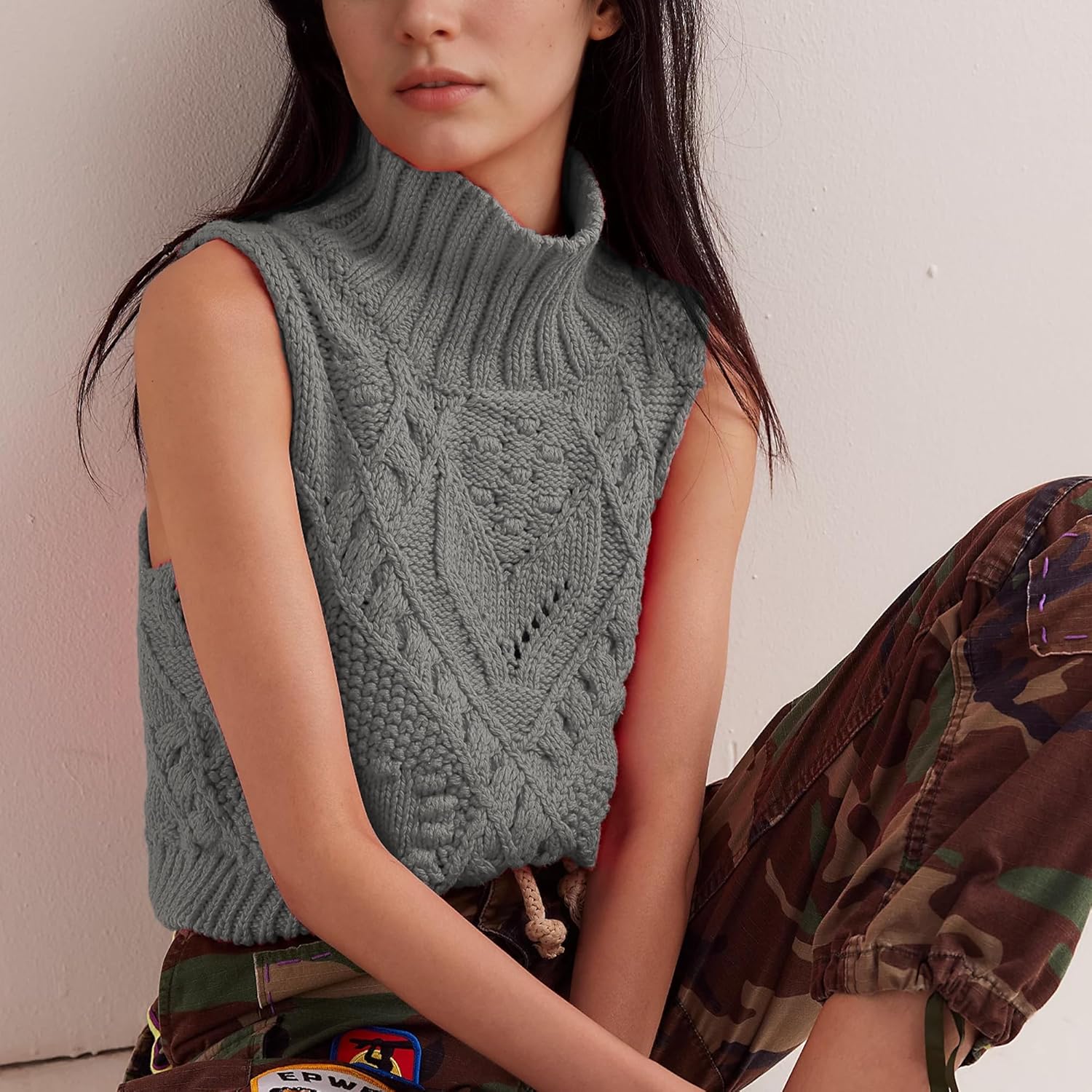 Hixiaohe Turtleneck Crochet Sweater Vest Fall Fashion Knit Sleeveless Tank Tops for Women Lightweight Casual Pullover Clothes