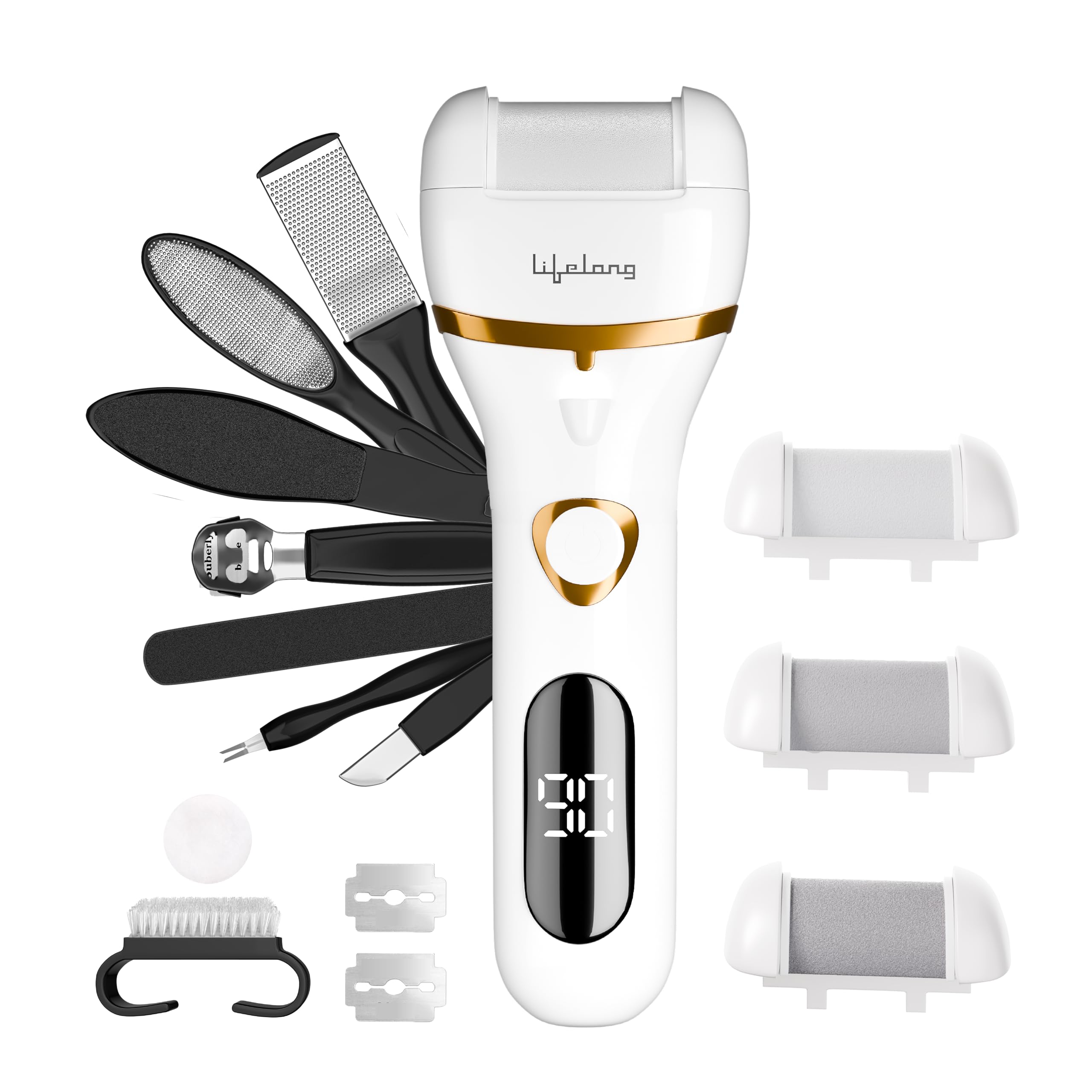 Lifelong 14-in-1 Rechargeable Callus Remover for Feet | Electronic Pedicure Kit with 3 Roller Heads, 2 Speeds, Fast Charging, Crack Heel Repair, Dead Skin Remover, IPX6 Waterproof Foot Scrubber