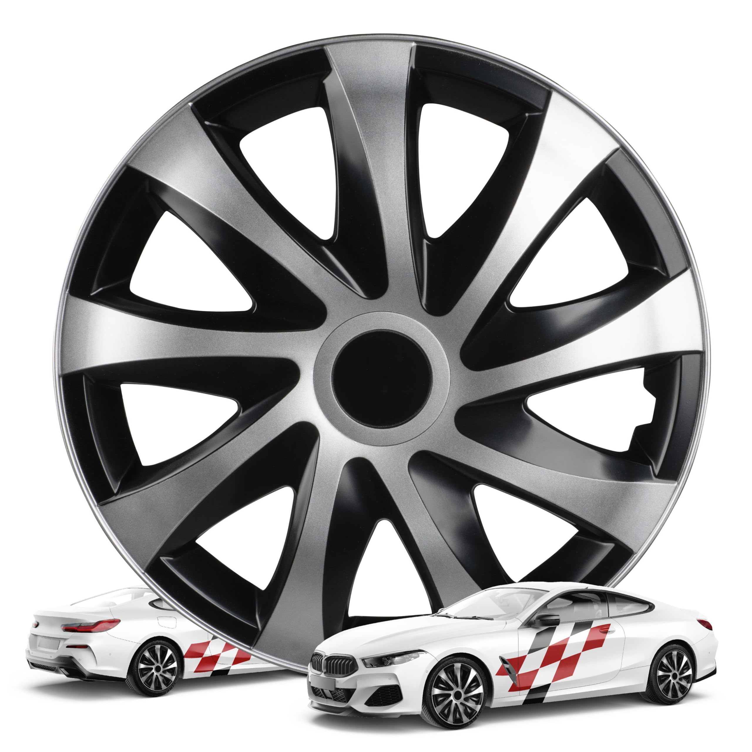 WALSER Premium Radkappen Storm Bicolor, 4er Set Radkappen Auszeichnung Sehr Gut*, Radzierblenden 16 Zoll, Radblenden für Alufelgen Stahlfelgen, Auto Radzierblende schwarz Silber - Made in Europe
