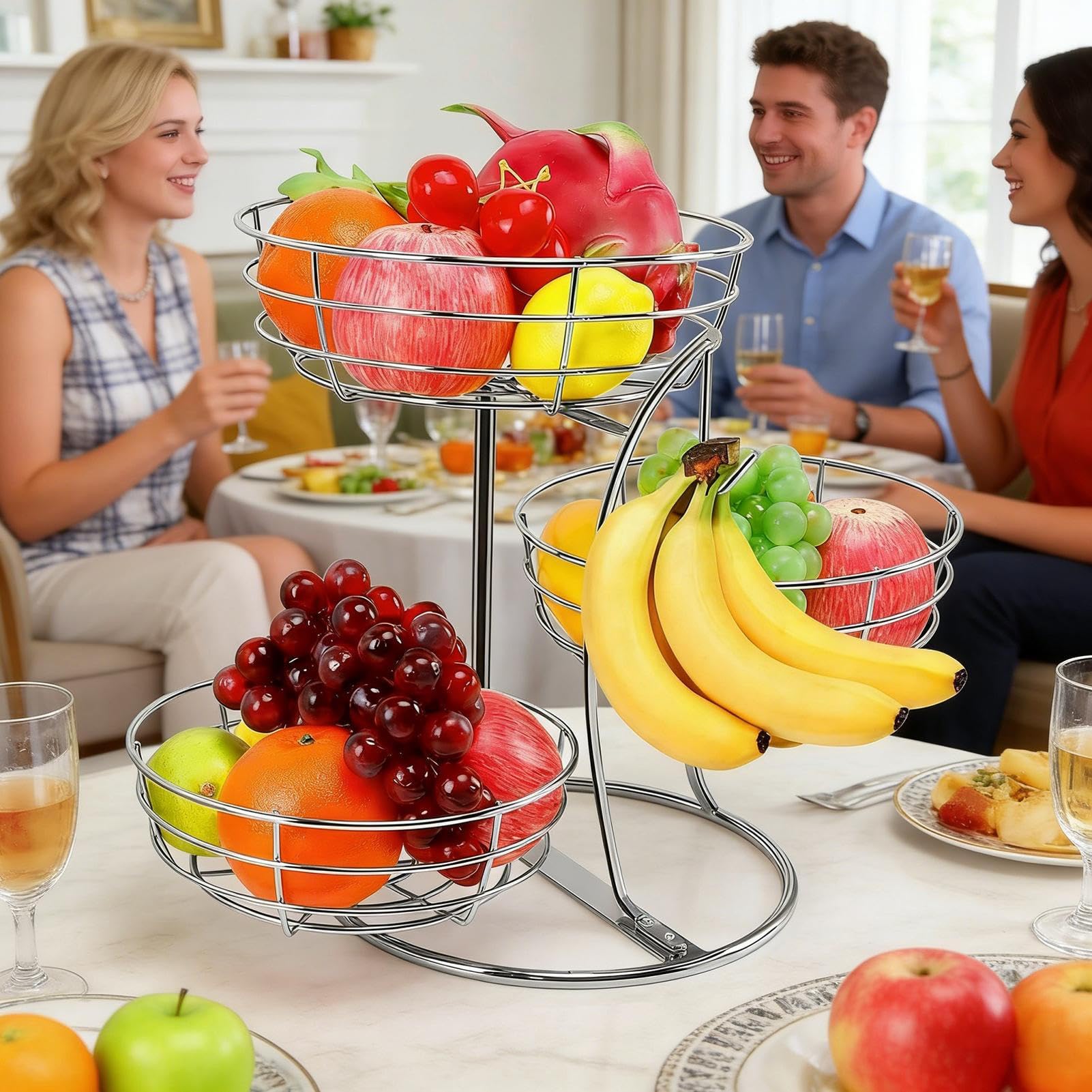 Genérico da piano di lavoro, 3 ripiani in acciaio inox con gancio per banane, scaffali per frutta per piano di lavoro della cucina, per casa, appartamento, verdure, cipolle, pane, snack, prodotti