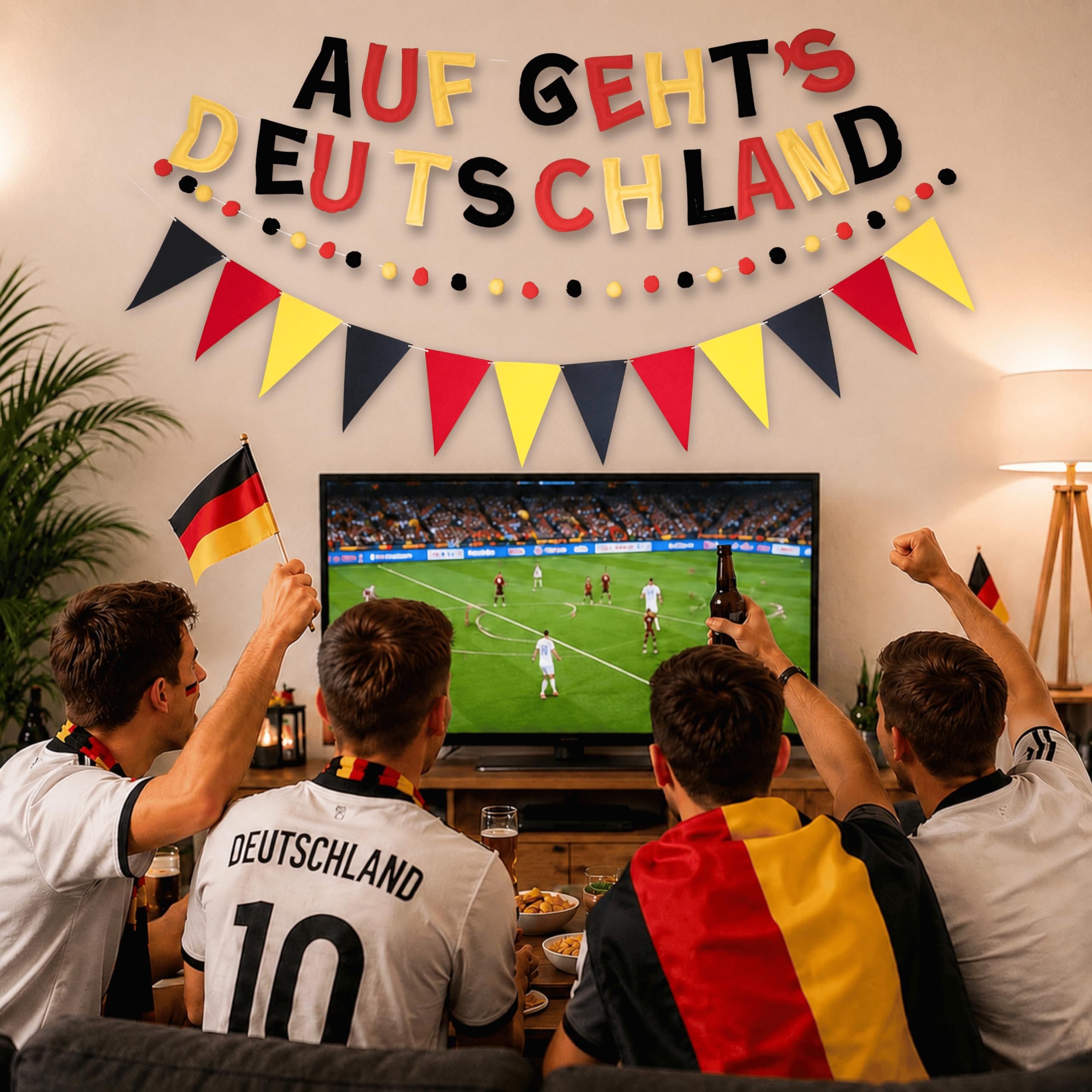 Auf geht’s Deutschland Fan Girlande aus Filz, 3-teiliges Fußball Deko Set | Vorgefädelt & sofort aufhängbar, mit Wimpelkette und Filzkugeln – Fußball PartyDeko für WM-Abend, Garten, Bar & Fanbereich
