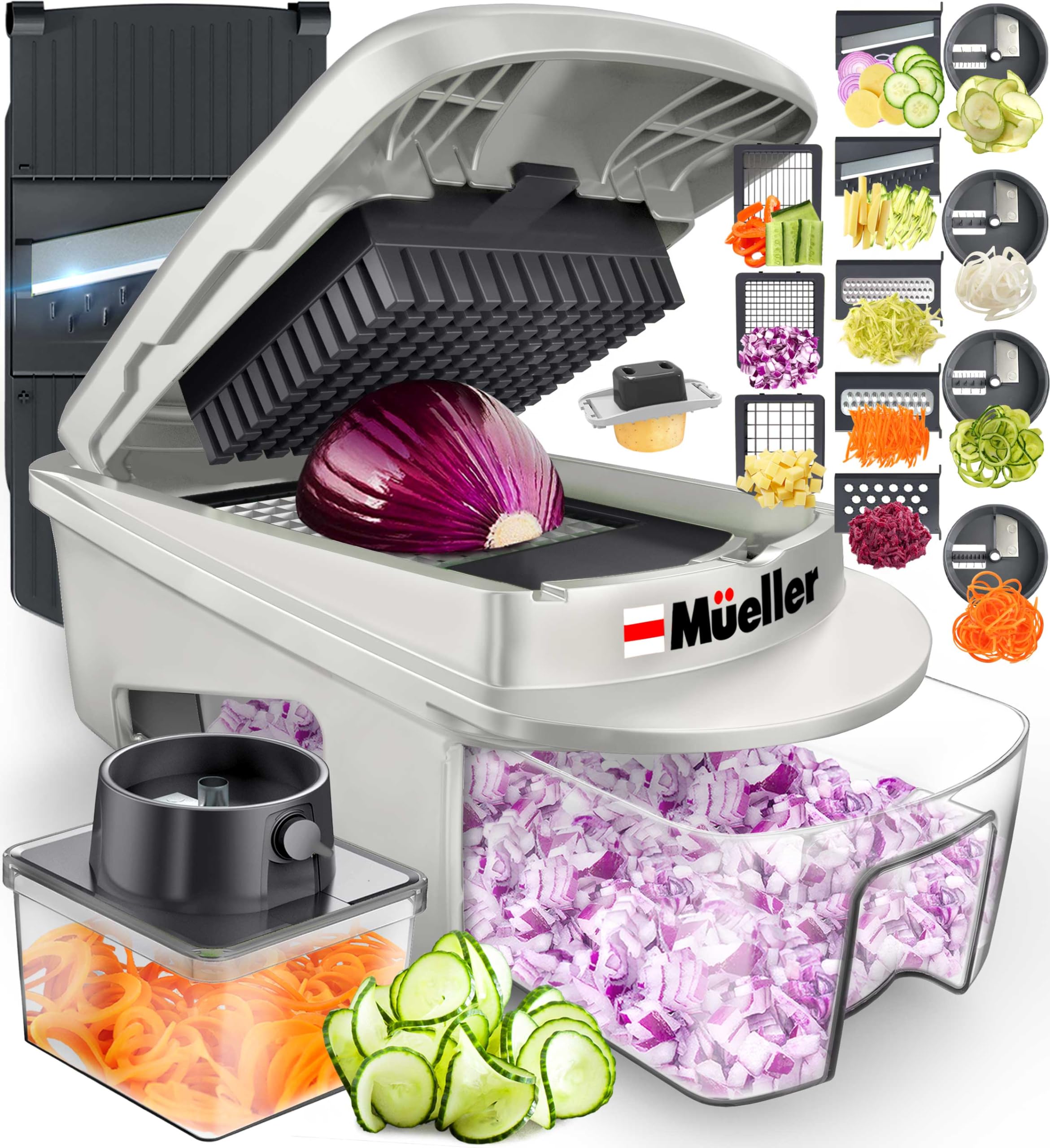 Mueller Pro-Series 12 Blade Vegetable Chopper, Mandoline Slicer and Spiralizer, White/grey