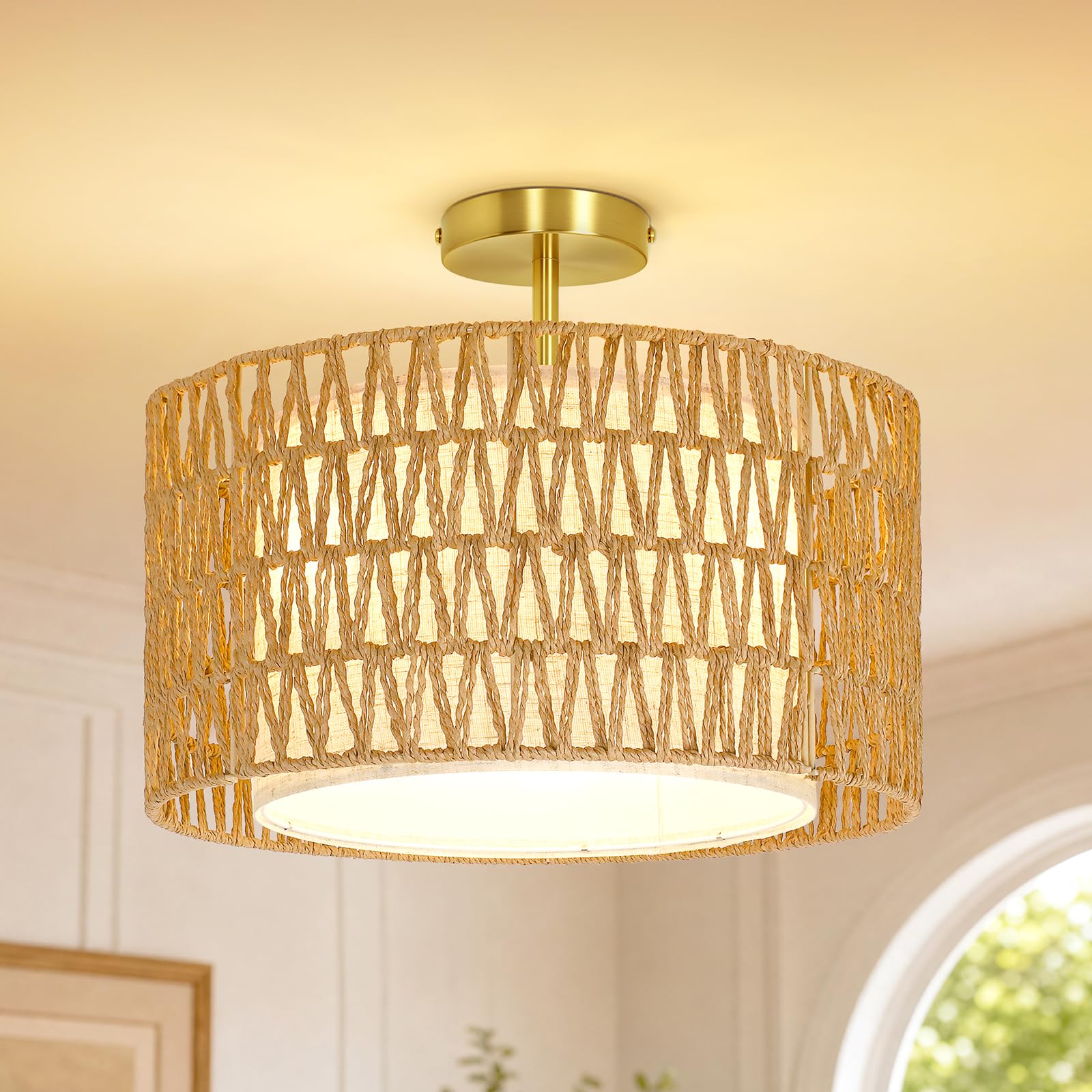 OUTON Plafoniera Boho in Rattan, 3 Luci, Ø43 cm, Dorata | Rattan naturale e paralume interno in tessuto, per soggiorno, camera, cucina e sala da pranzo, 3 x E27, lampadine escluse