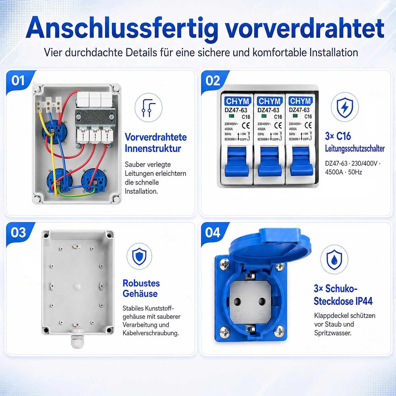 Baustromverteiler Vorverkabelt, 3x 230V/16A Schuko Steckdosen und 3xC16 LS-Schalter, Wandverteiler Stromverteiler IP67 Wasserdicht Gehäuse, Wetterfest Innen Außen Baustelle Werkstatt Außenbereich