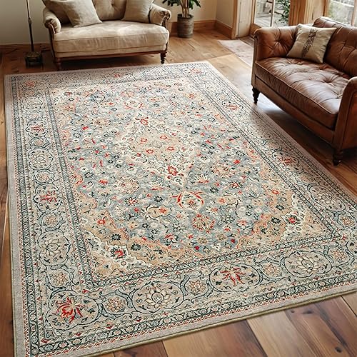 Washable Rug 4x6, Beige Area Rugs Non Slip, Indoor Low Pile Carpet with Rubber Backing for Living Room Kitchen Bathroom Entryway Office Bedroom