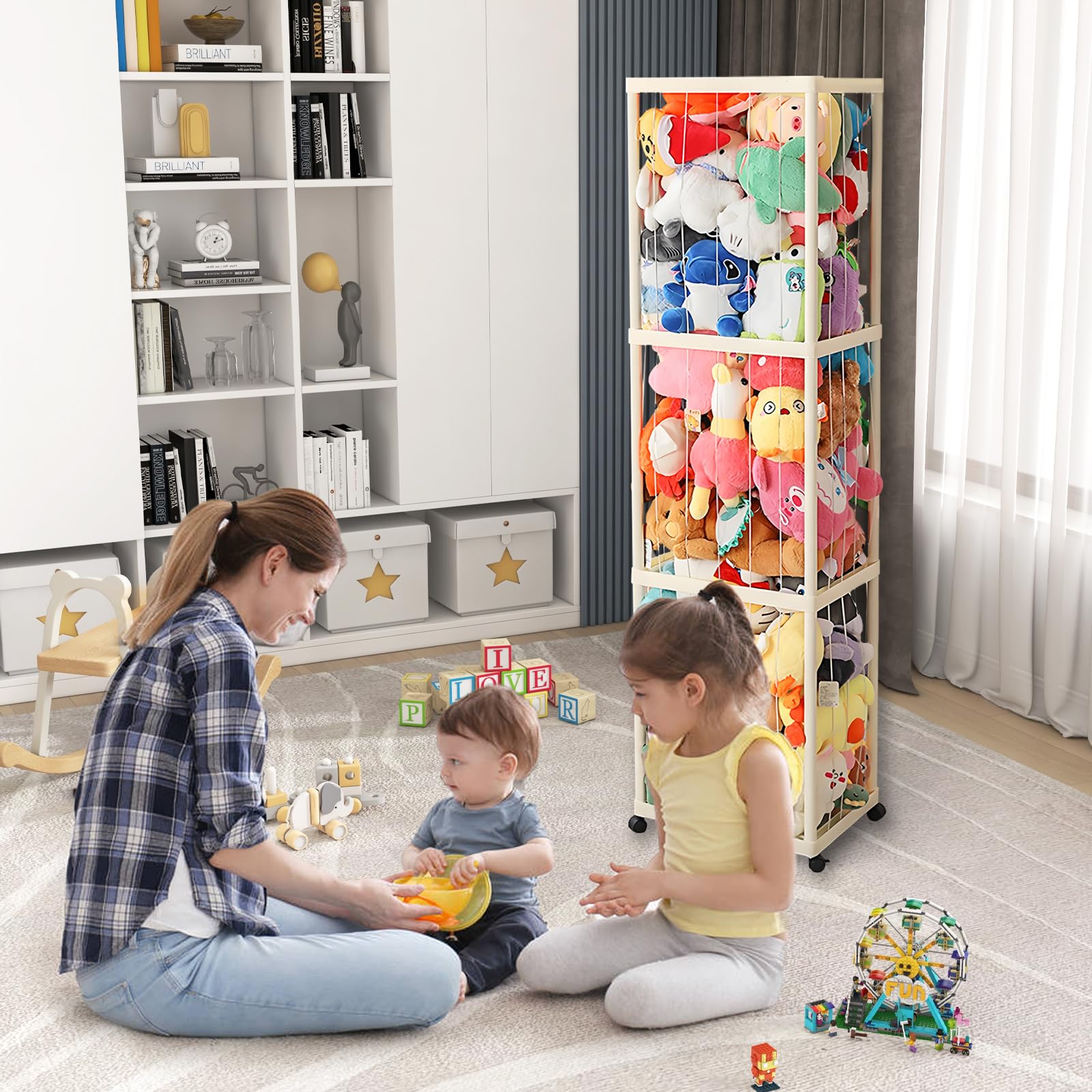 Kuscheltier Aufbewahrung, Stofftier Aufbewahrung mit Elastisches Band und 360°Bremse-Ausgestattete Räder Plüschtier Lagerung Kuscheltierzoo für Kinderzimmer Spielzimmer Schlafzimmer Organizer