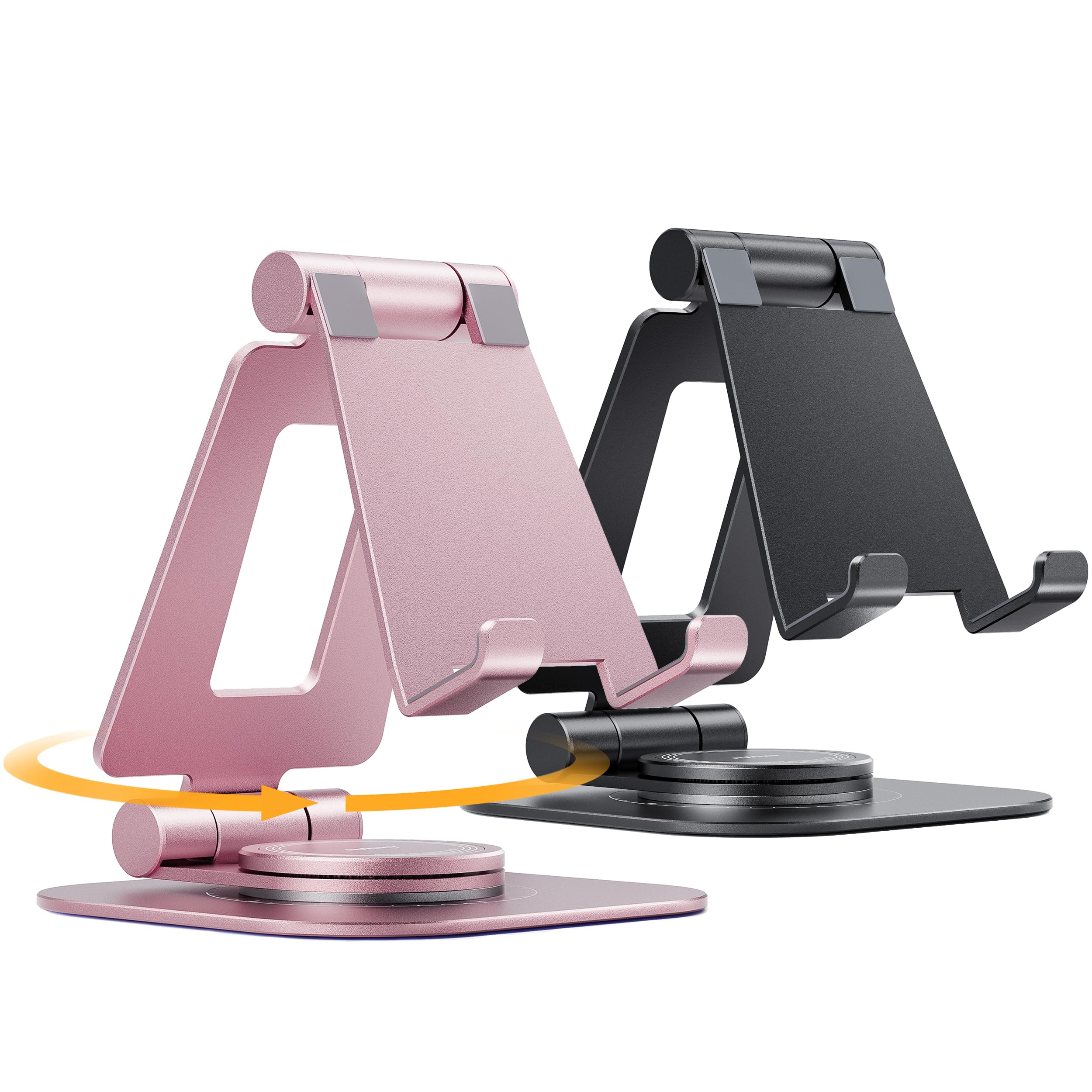 Nulaxy 2-Pack 360 Rotating Phone Stand, Fully Adjustable Foldable Phone Holder, Aluminum Desktop Cradle with Swivel Anti-Slip Base, Office Accessories for All Phones, Black & Rose Gold