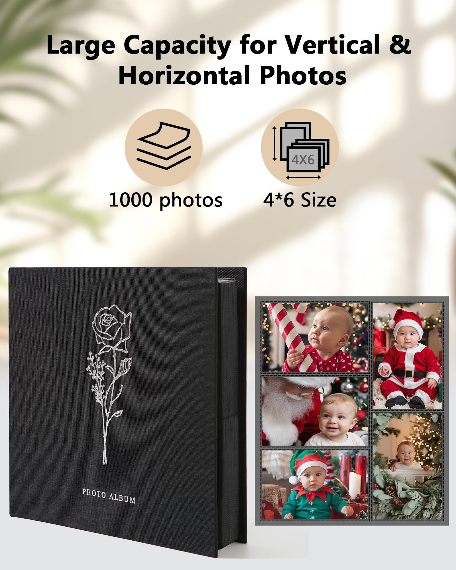 Álbum de fotos de 6 x 4 pulgadas, 1000 bolsillos, álbumes de fotos de lino para aniversario de boda familiar, álbum para fotos horizontales y verticales, 10 x 15 cm, color negro