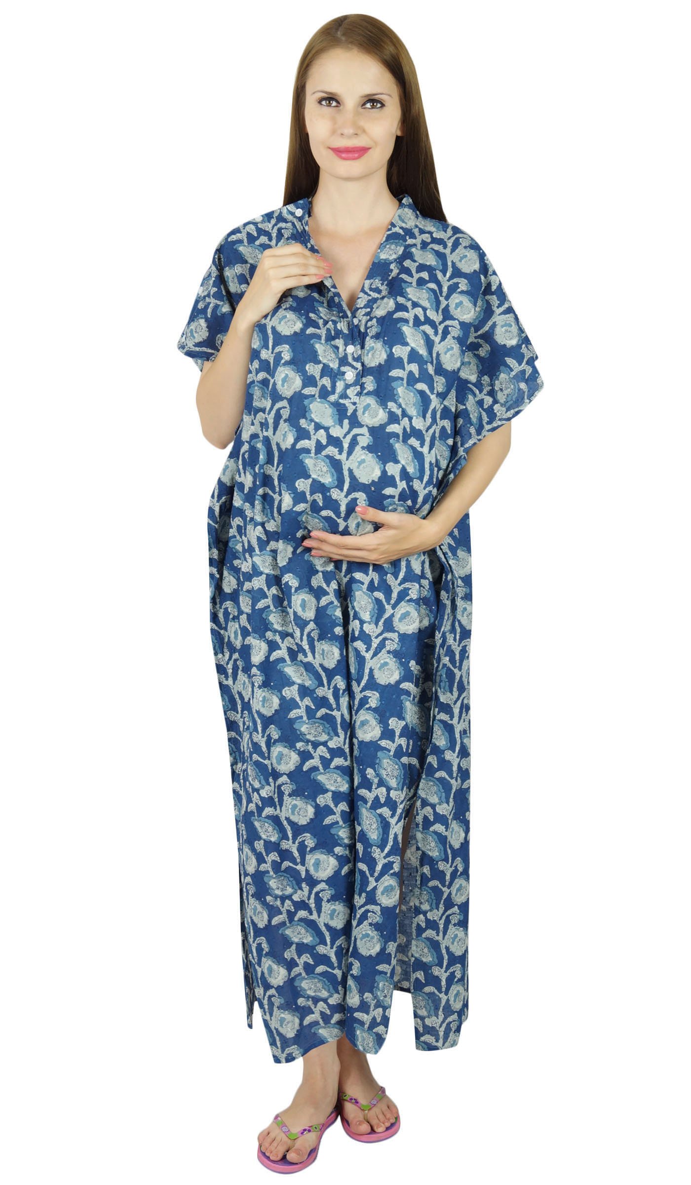 Bimba Women's Blue Nursing Kaftan Gown Maternity Gown Delivery Gown Front Buttons