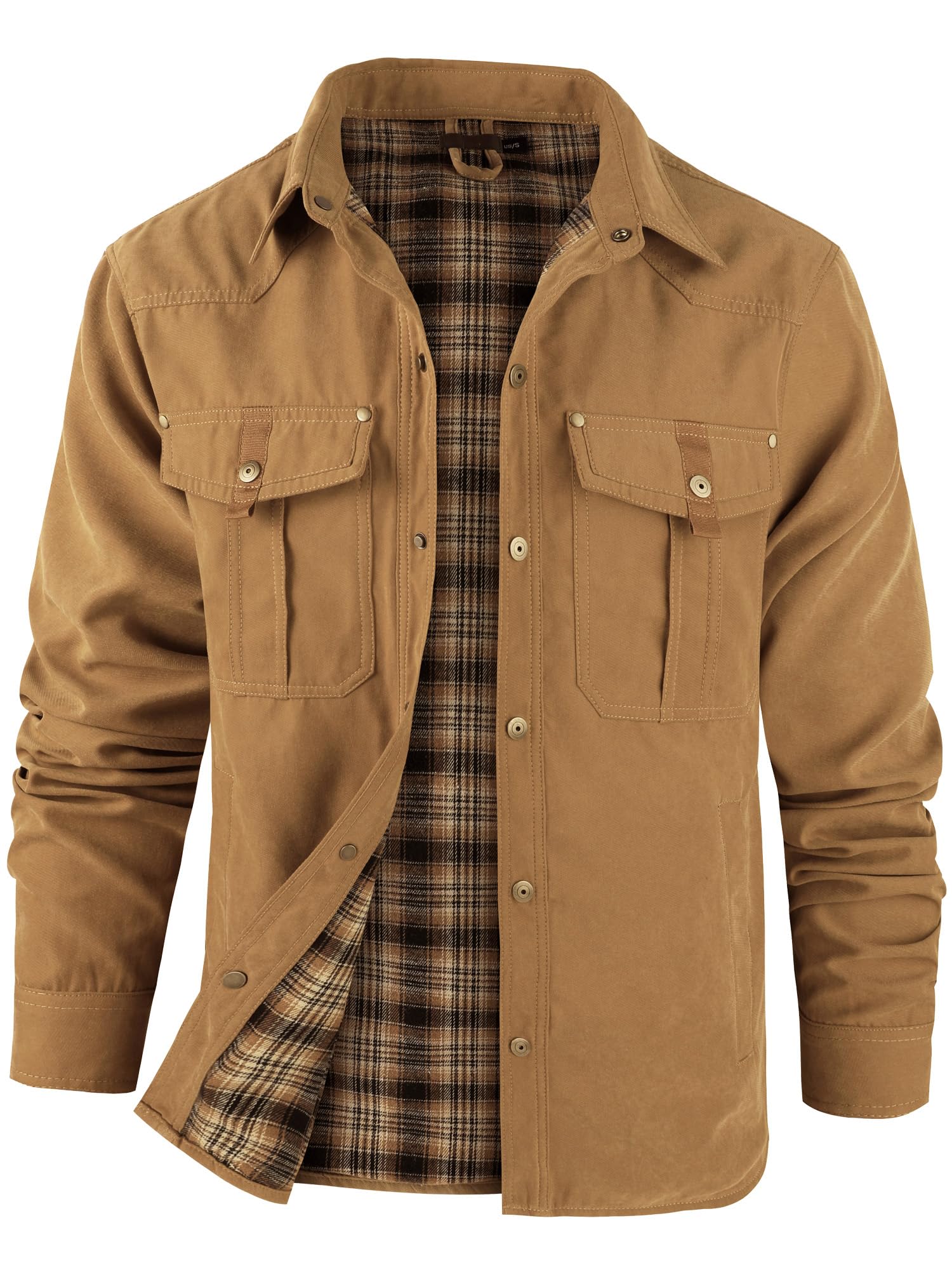 Mr.Stream Herren Karierte Flanellfutter Übergangsjacke Leicht Stehkragen Feldjacke Cargo Herbstjacke Snap Western Cowboy Jacken 3268 Yellow L