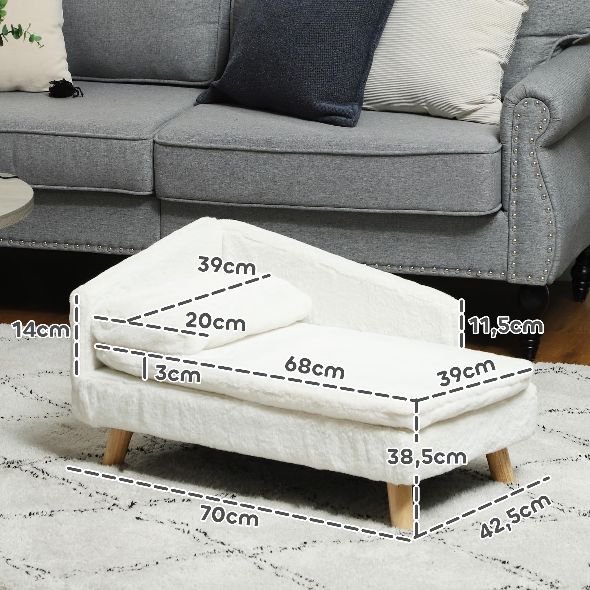 PawHut Canapé pour Chien, lit pour Chien Chat, avec Coussin Moelleux, Oreiller, Housses Amovibles et lavables, en Peluche, 70l x 42,5P x 38,5H cm, crème