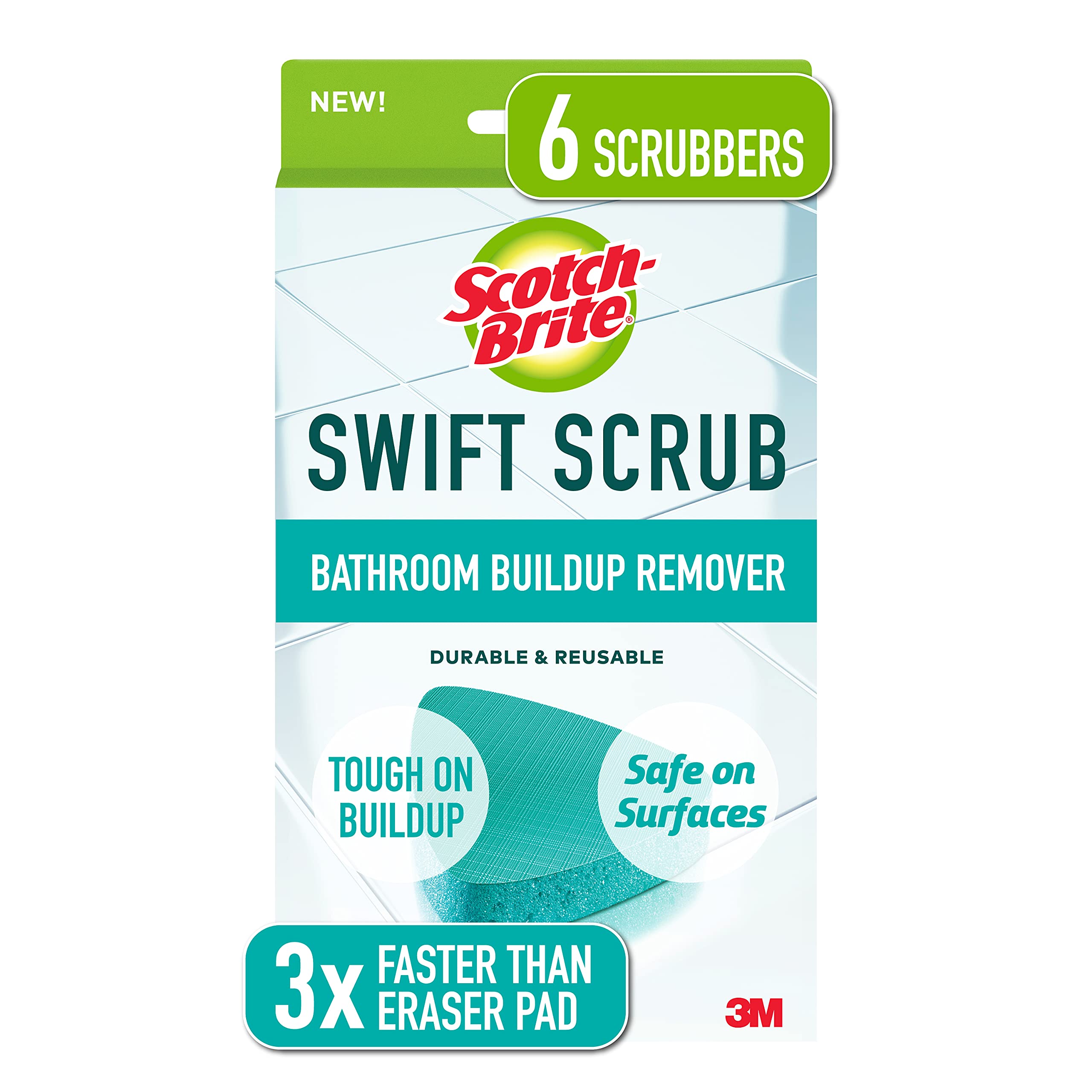 Scotch-Brite Swift Scrub, Bathroom Buildup, Glass Door, Shower and Bath Cleaner, Soap Scum Remover, 3X Faster Than an Eraser Pad, 6 Count
