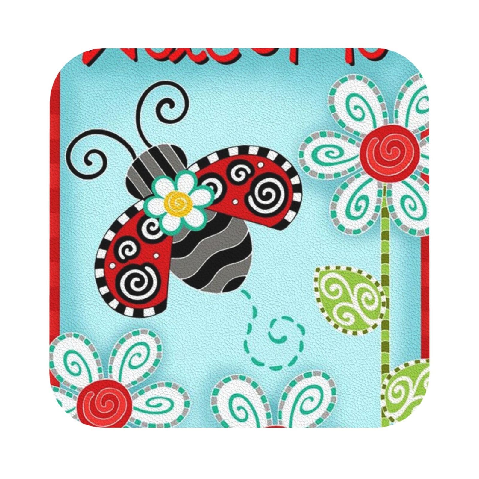 Ladybug Flower PU Leather Coasters Set of 6 Square Drink Coasters