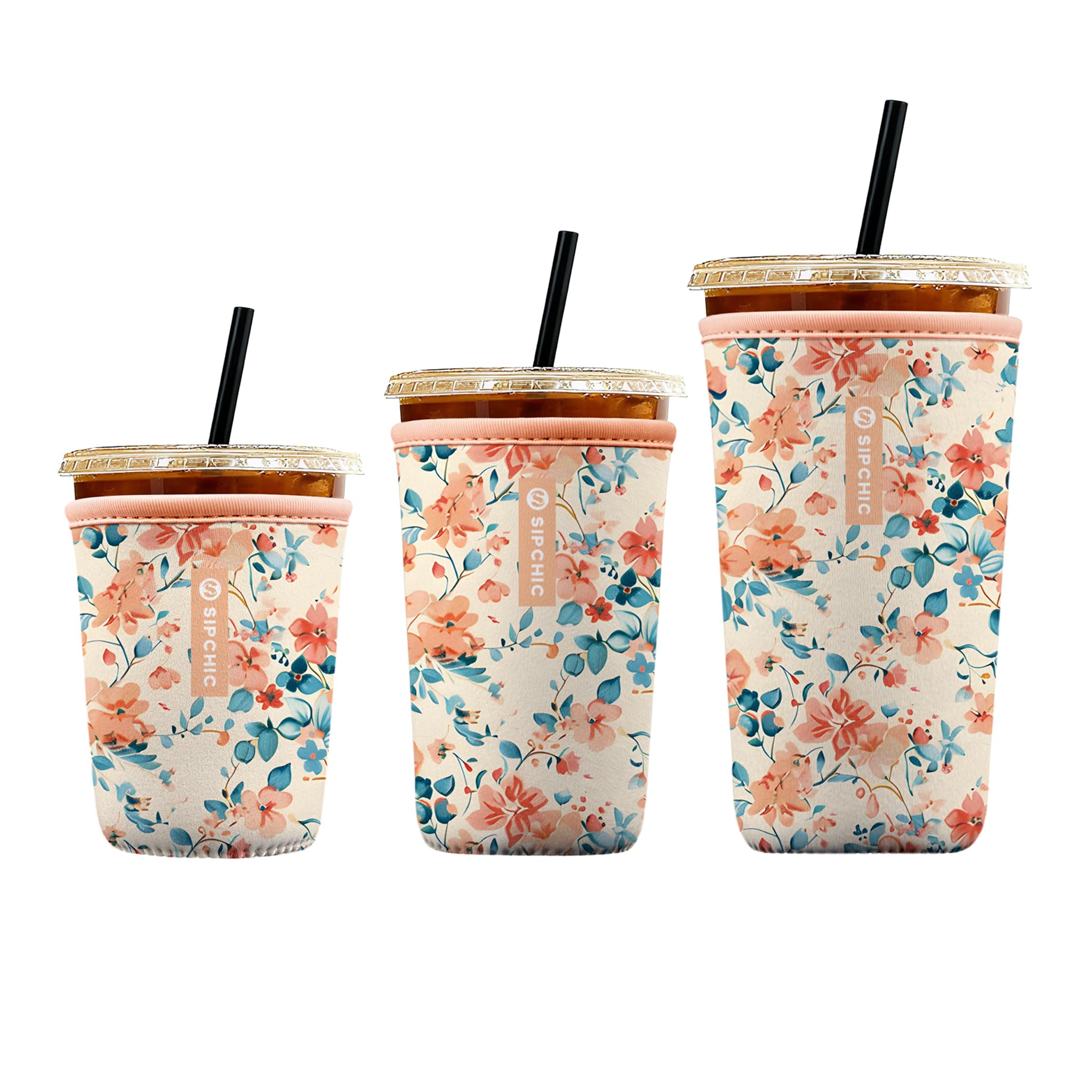 Iced Coffee Sleeve – Neoprene Reusable Cup Sleeves for Drinks, Insulated Drink Sleeves to Keep Hands Dry &amp; Drinks Cold, Stylish &amp; Durable Coffee Sleeves (Spring Camellia, S/M/L 3-Pack)