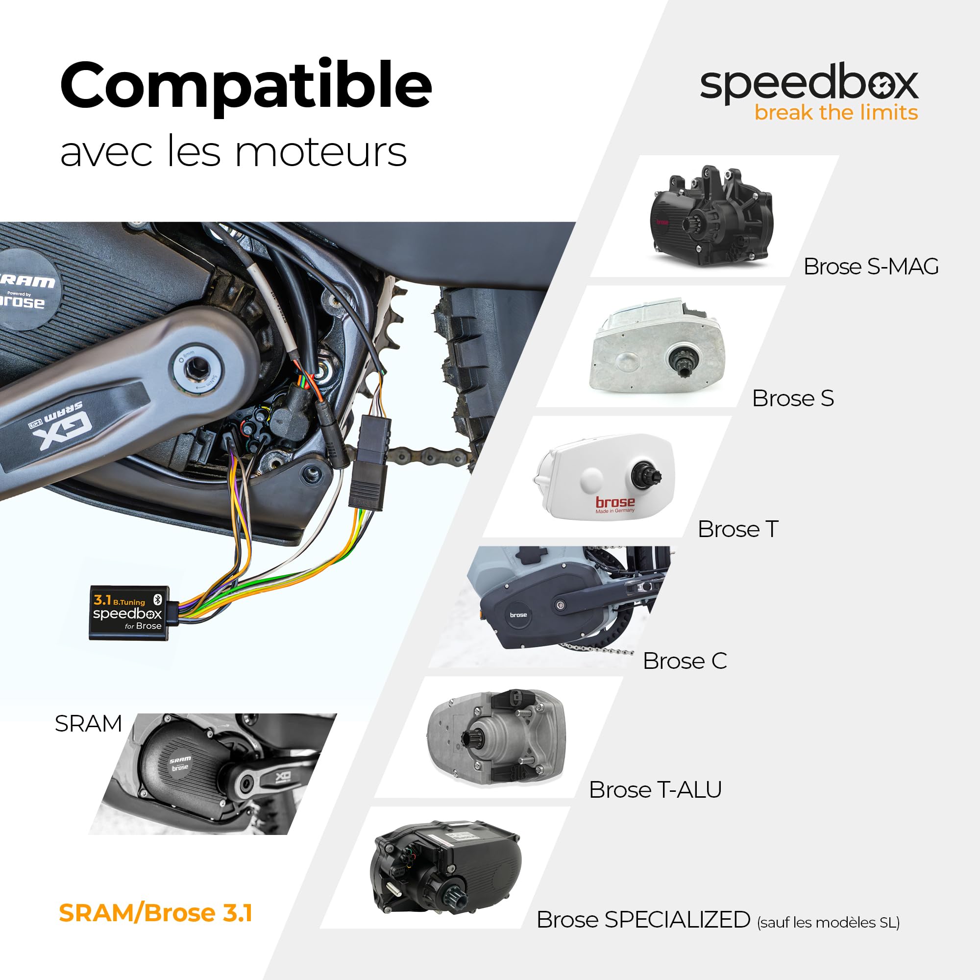 SpeedBox 3.1 Compatible avec Brose/Specialized/SRAM Powertrain/Kit de Tuning pour E-Bike/Vitesse illimitée/Valeurs réelles/Vitesse réglable