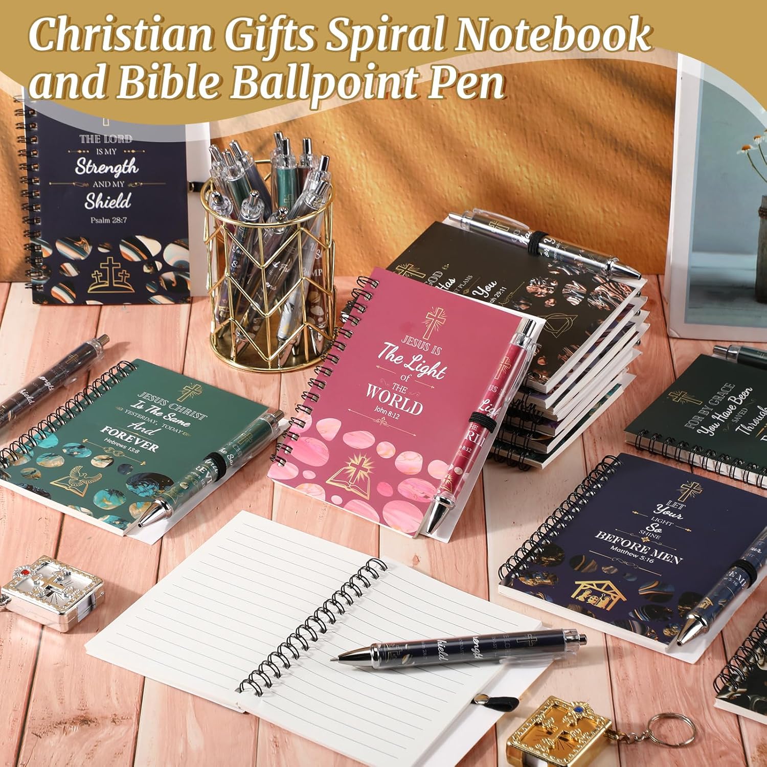 Feifeiya 48 Pcs Christian Gifts Set Include 24 Bible Verse Spiral Notebooks and 24 Religious Pens Inspirational Prayer Journal God Scripture Notepads for Women Men Xmas School Office(Cross)