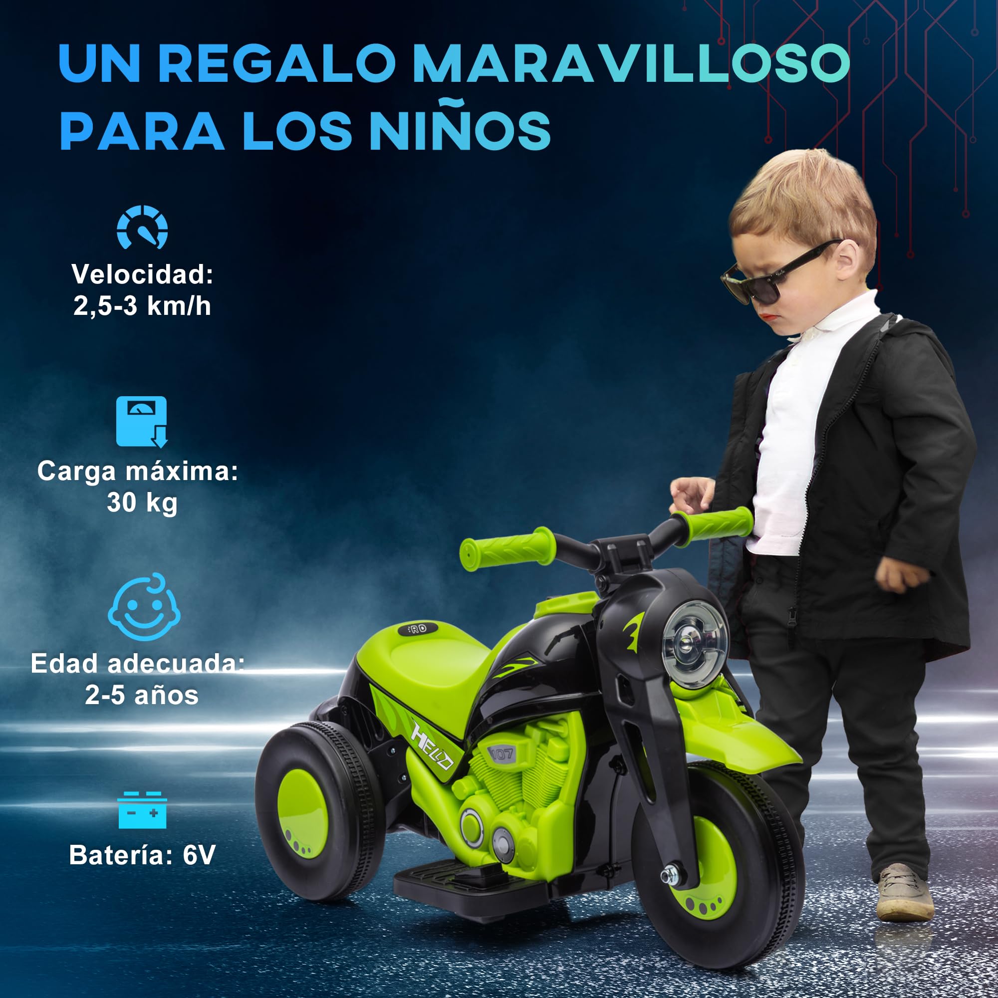 AIYAPLAY Moto Eléctrica para Niños de +2 Años 6V con Burbujas Faros Verde | Moto de Batería para Niños, Música, Velocidad 3 km/h, Carga 30 kg