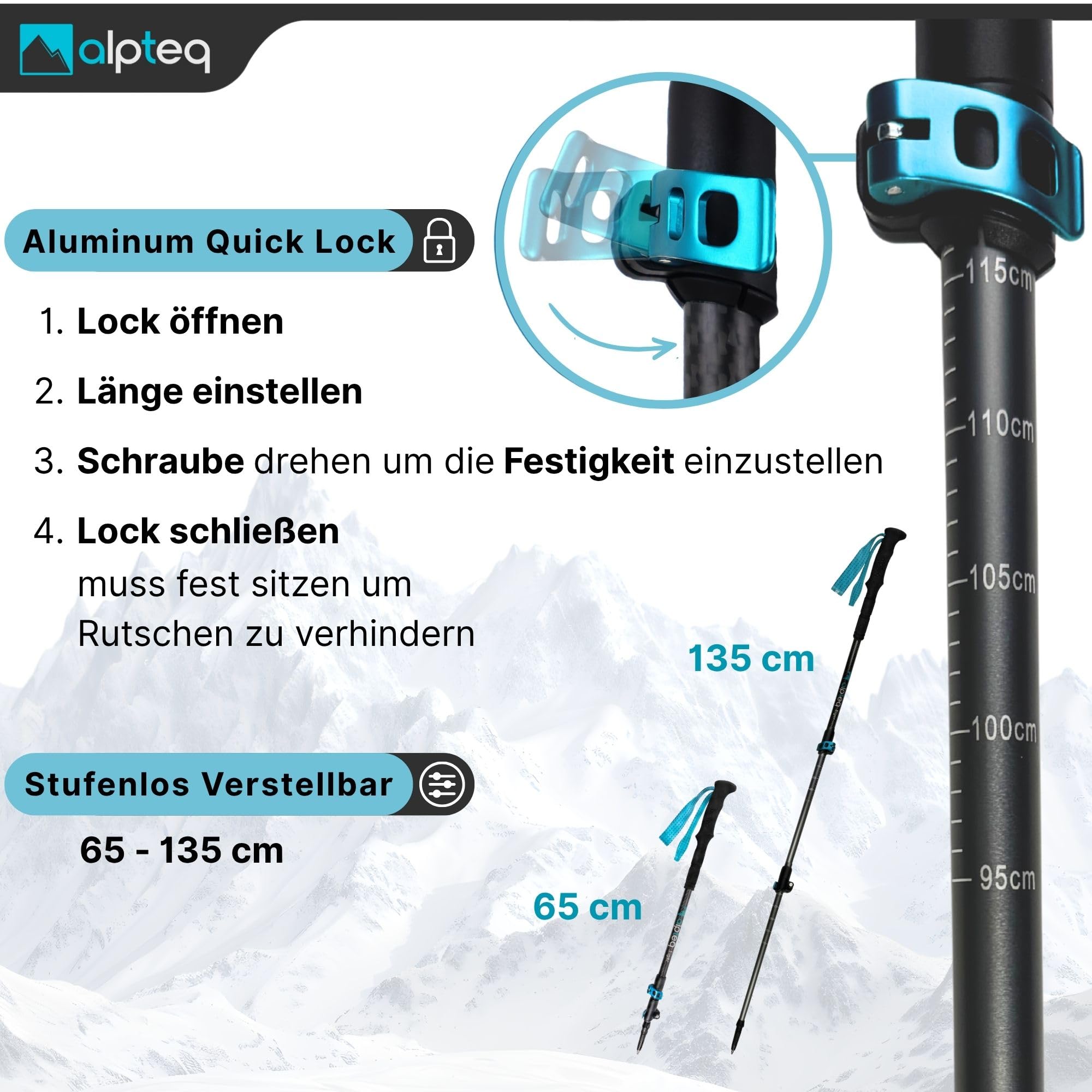 Bâtons de randonnée télescopiques en Carbone - Bâtons de Trekking Ultra légers en Fibre de Carbone et Aluminium pour Femmes, Hommes et Enfants - Réglable de 65 à 135 cm - Bâtons de Marche